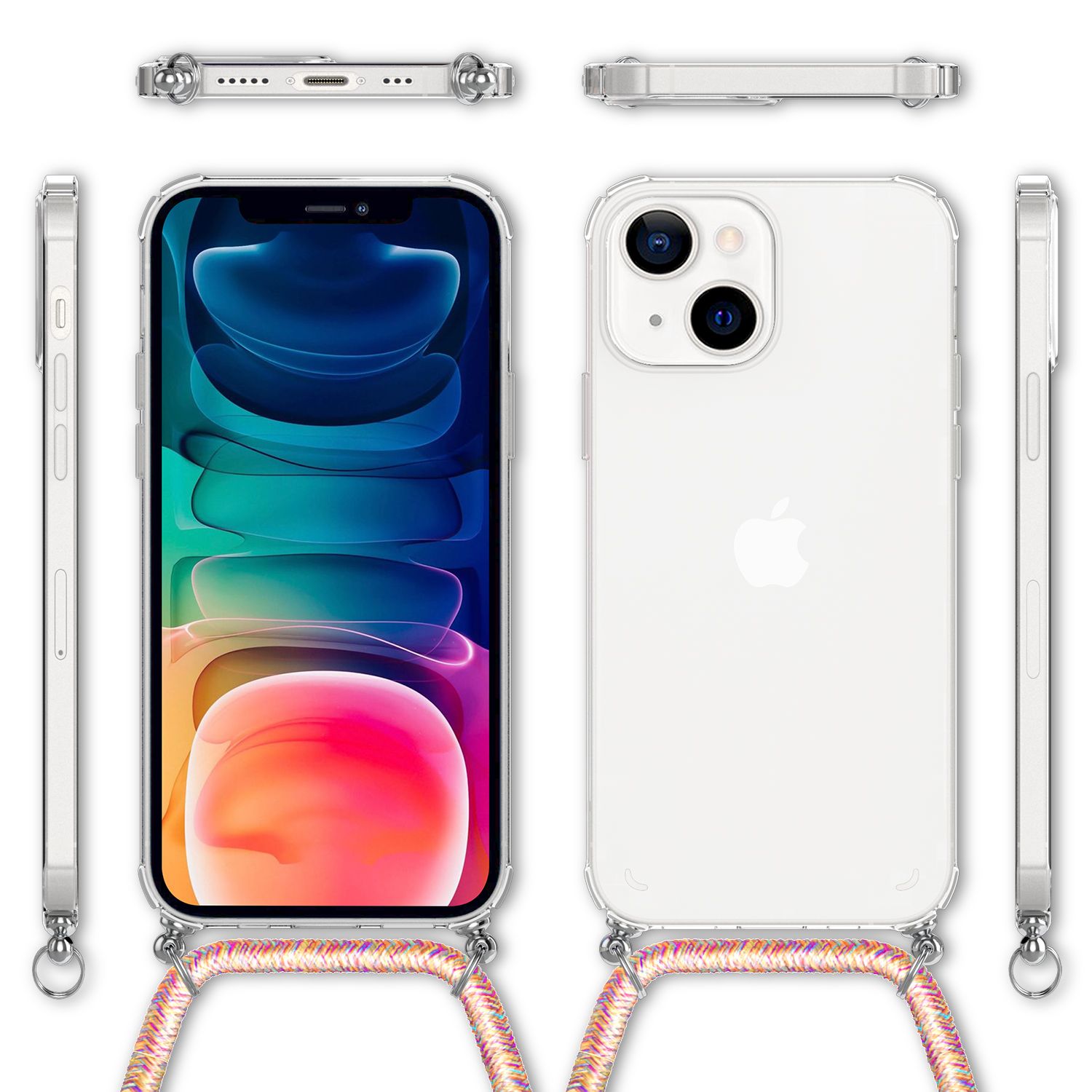 NALIA Handyhülle mit Kette für iPhone 13, Transparentes Hardcase & Handy-Schnur, Robust Vergilbungsfrei Klar Regenbogen NALIA Transparente Hülle