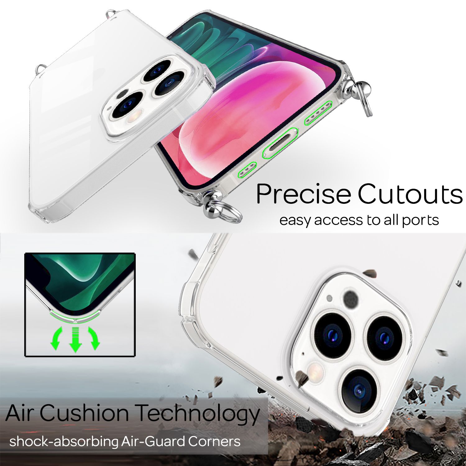 NALIA Handyhülle mit Kette für iPhone 13 Pro, Transparentes Hardcase & Handy-Schnur