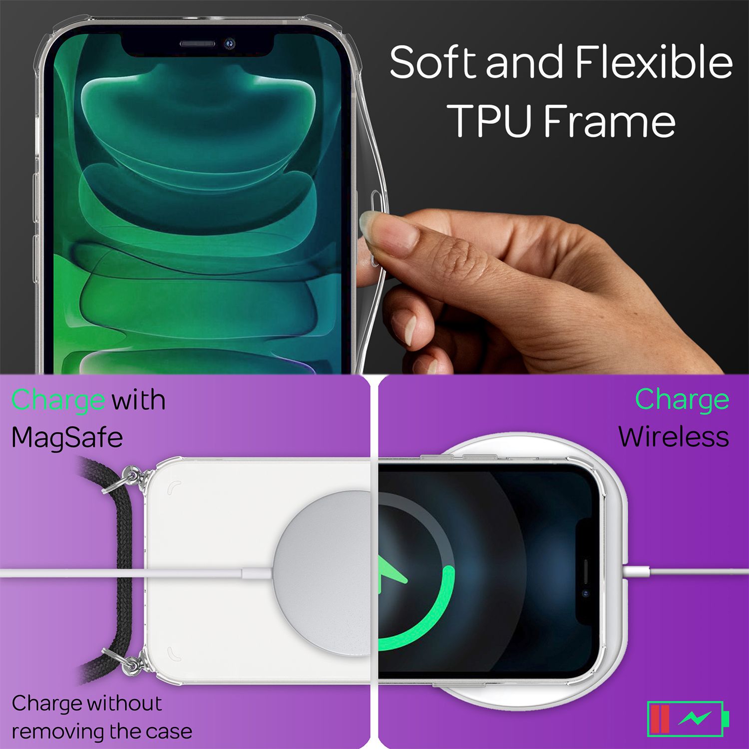 NALIA Handyhülle mit Kette für iPhone 13 Pro, Transparentes Hardcase & Handy-Schnur