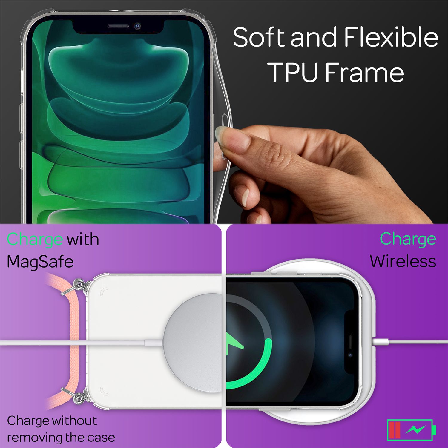 NALIA Handyhülle mit Kette für iPhone 13 Pro, Transparentes Hardcase & Handy-Schnur