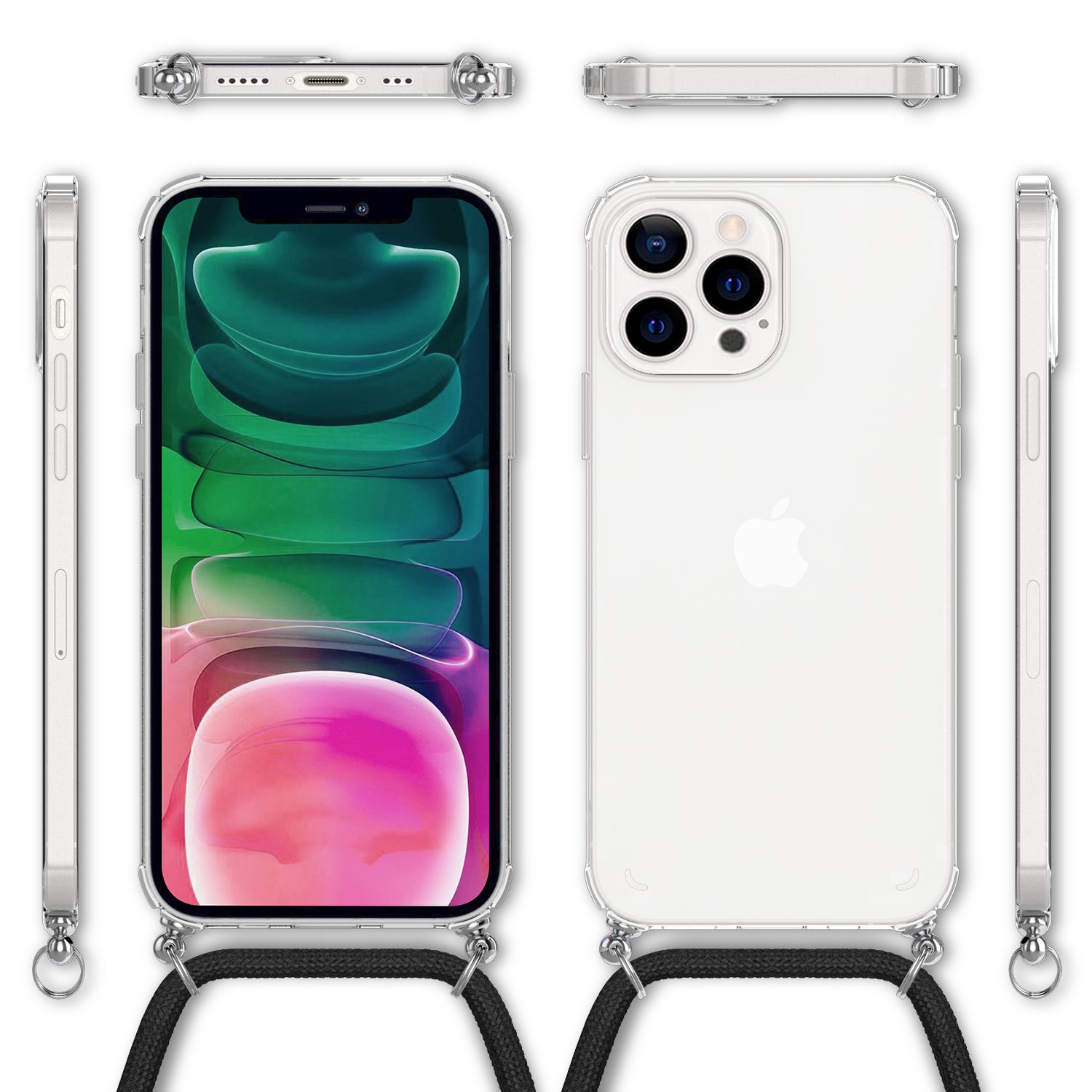 NALIA Handyhülle mit Kette für iPhone 13 Pro, Transparentes Hardcase & Handy-Schnur
