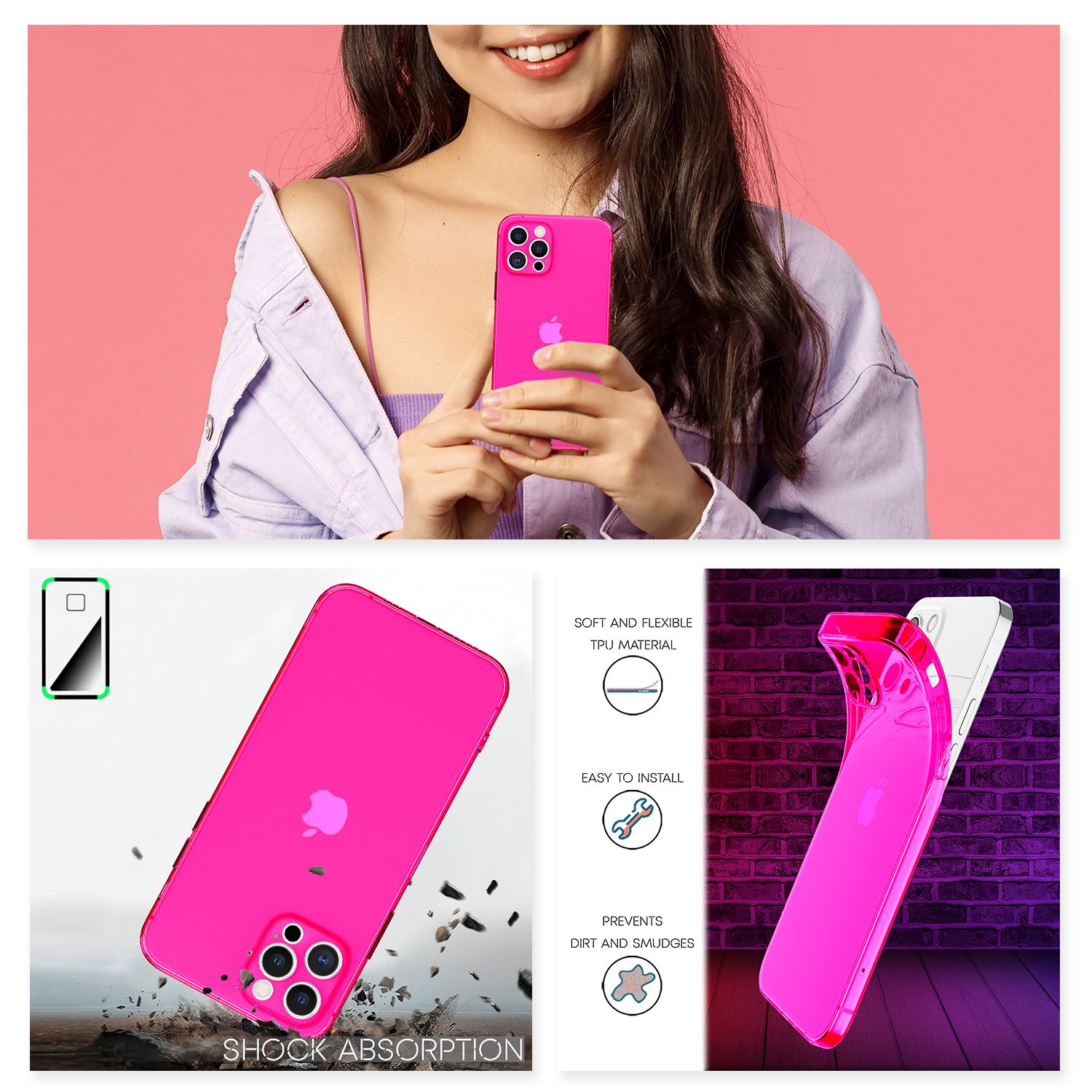 NALIA Klare Neon Handy Hülle für iPhone 13 Pro, Bunt Durchsichtig Cover Case Pink NALIA Transparente Hülle