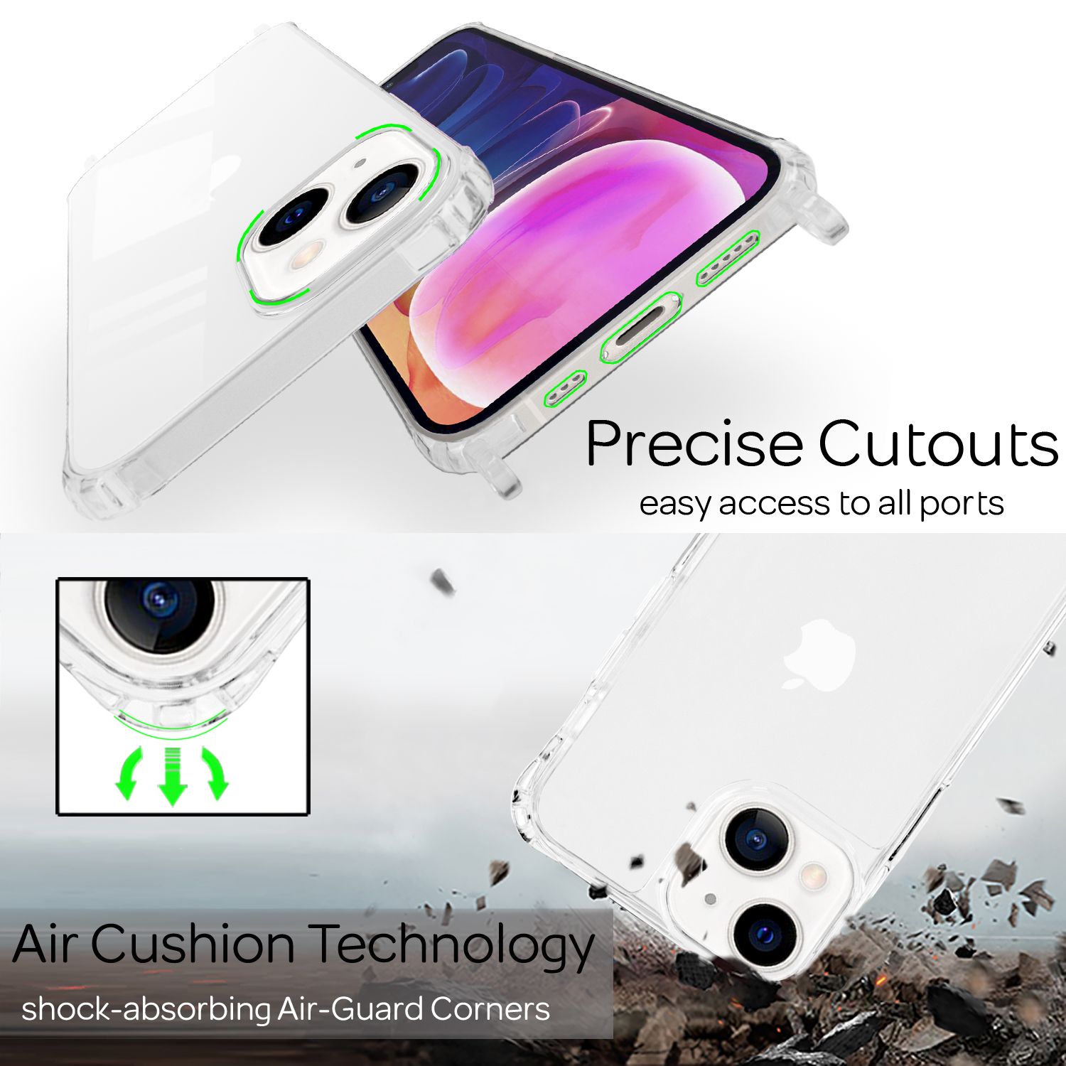 NALIA Klares Hybrid Case mit Kette für iPhone 13 Mini, Transparent Anti-Gelb Robust Verstärkte Ecken Hardcase & Silikon Rahmen, Stoßfeste Schutzhülle & Handy-Schnur Pink NALIA Transparente Hülle