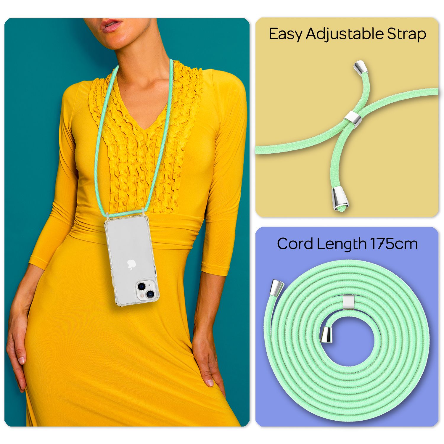 NALIA Klares Hybrid Case mit Kette für iPhone 13 Mini, Transparent Anti-Gelb Robust Verstärkte Ecken Hardcase & Silikon Rahmen, Stoßfeste Schutzhülle & Handy-Schnur Mintgrün NALIA Transparente Hülle