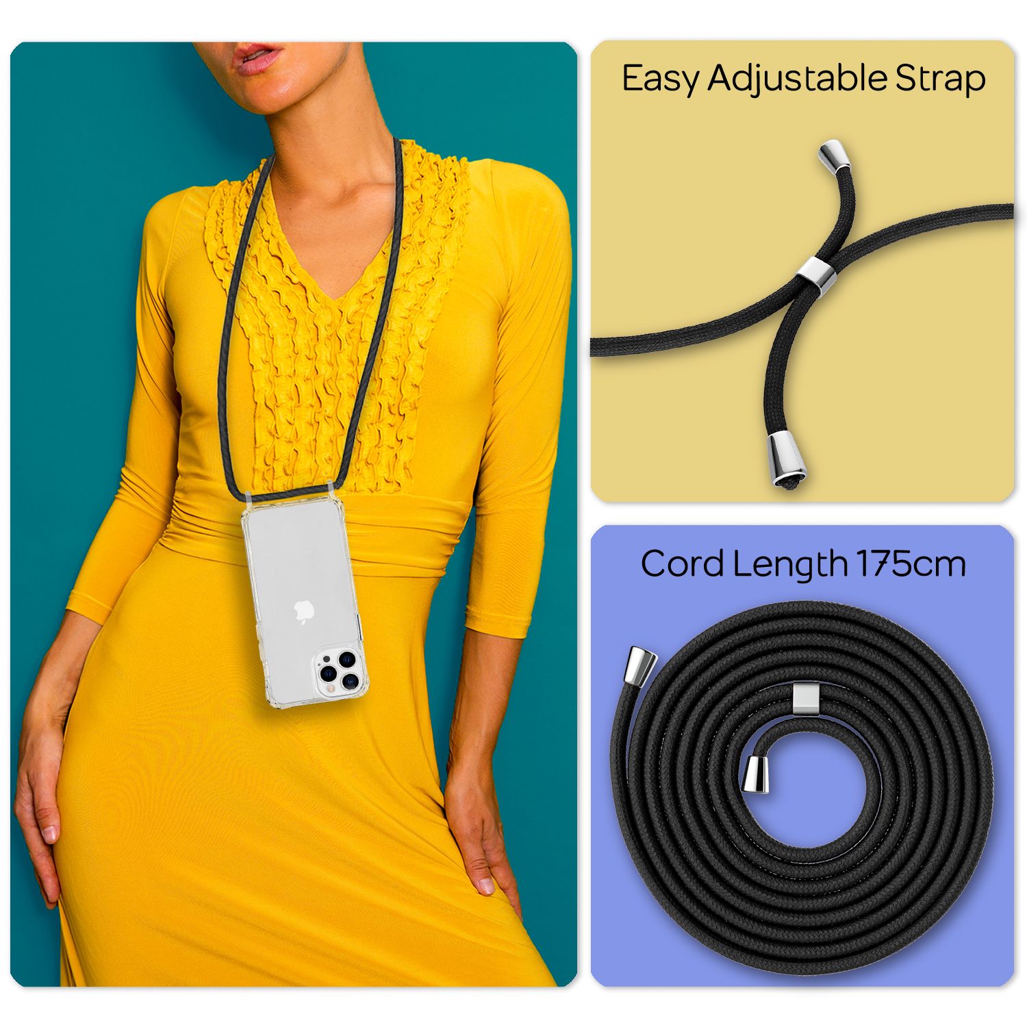 NALIA Klares Hybrid Case mit Kette für iPhone 13 Pro, Transparent Anti-Gelb Robust Verstärkte Ecken Hardcase & Silikon Rahmen, Stoßfeste Schutzhülle & Handy-Schnur Schwarz NALIA Transparente Hülle