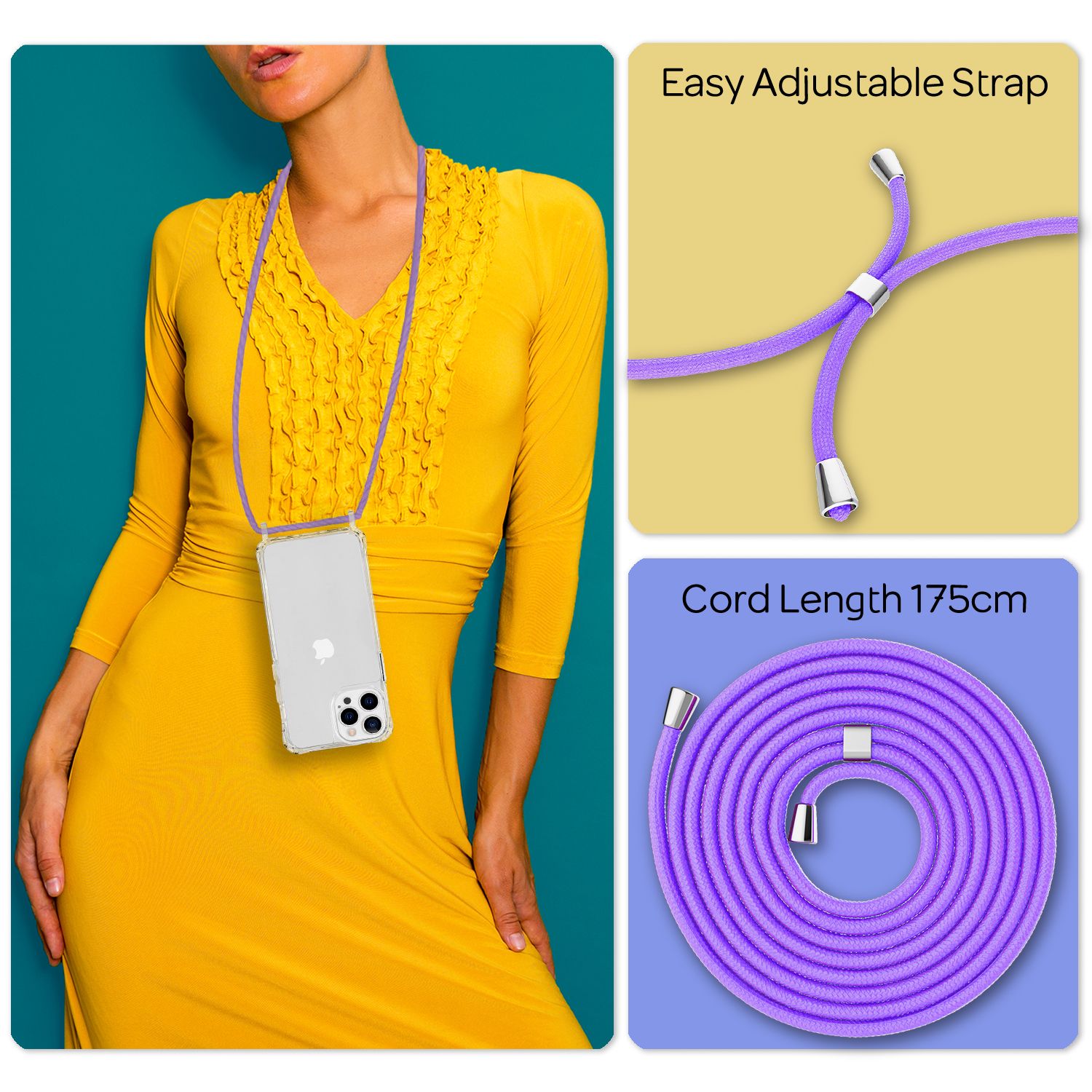 NALIA Klares Hybrid Case mit Kette für iPhone 13 Pro, Transparent Anti-Gelb Robust Verstärkte Ecken Hardcase & Silikon Rahmen, Stoßfeste Schutzhülle & Handy-Schnur Lila NALIA Transparente Hülle