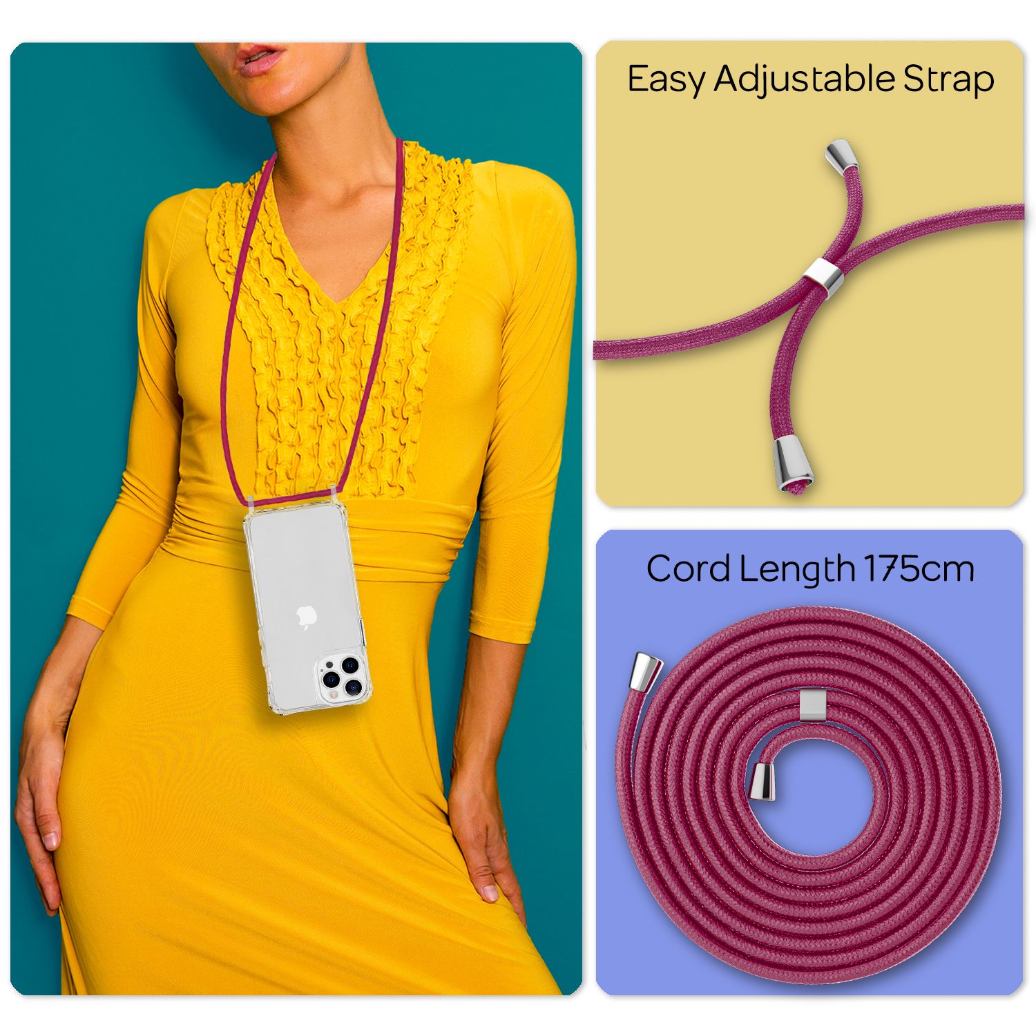 NALIA Klares Hybrid Case mit Kette für iPhone 13 Pro, Transparent Anti-Gelb Robust Verstärkte Ecken Hardcase & Silikon Rahmen, Stoßfeste Schutzhülle & Handy-Schnur Rot NALIA Transparente Hülle