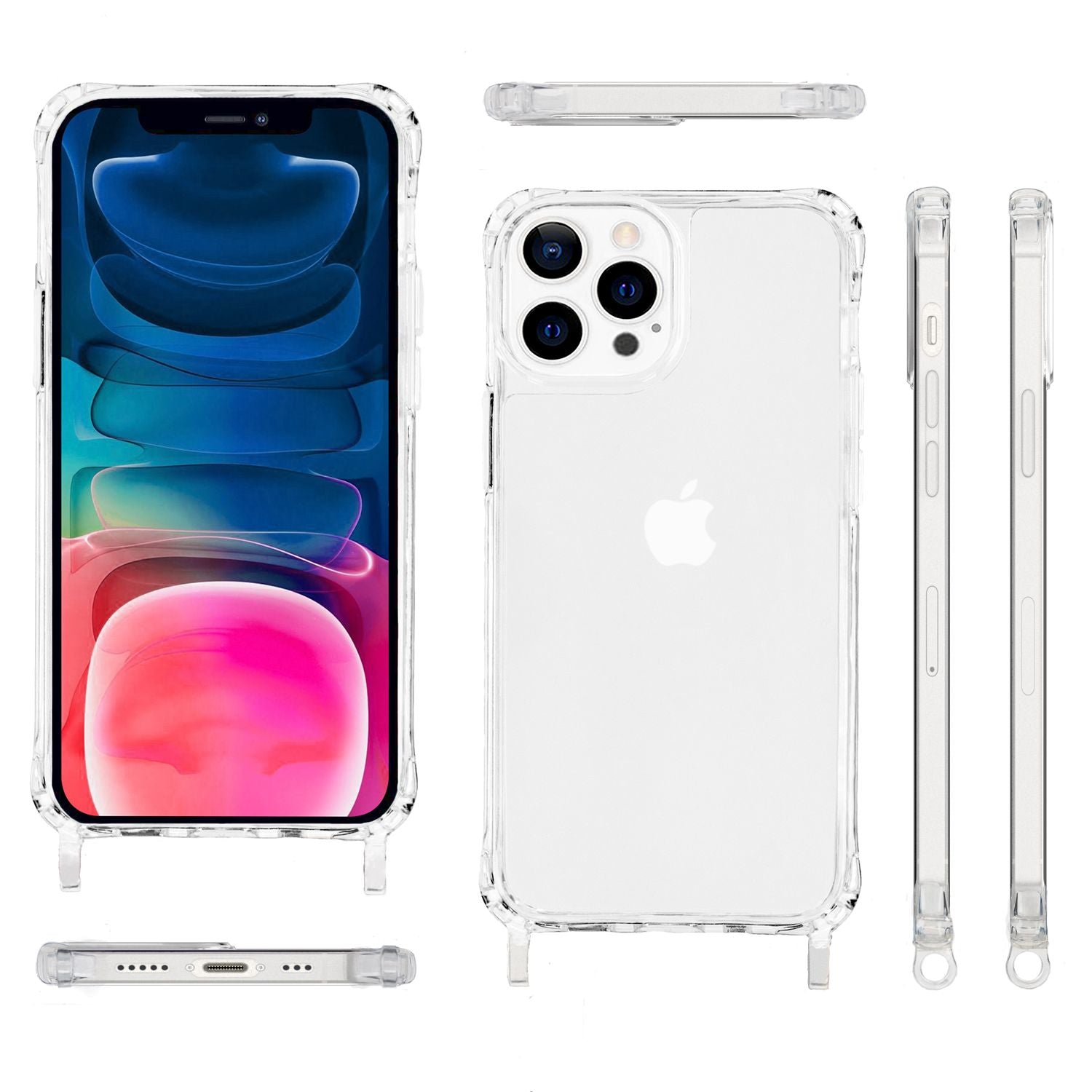 NALIA Klares Hybrid Case mit Kette für iPhone 13 Pro, Transparent Anti-Gelb Robust Verstärkte Ecken Hardcase & Silikon Rahmen, Stoßfeste Schutzhülle & Handy-Schnur Schwarz NALIA Transparente Hülle