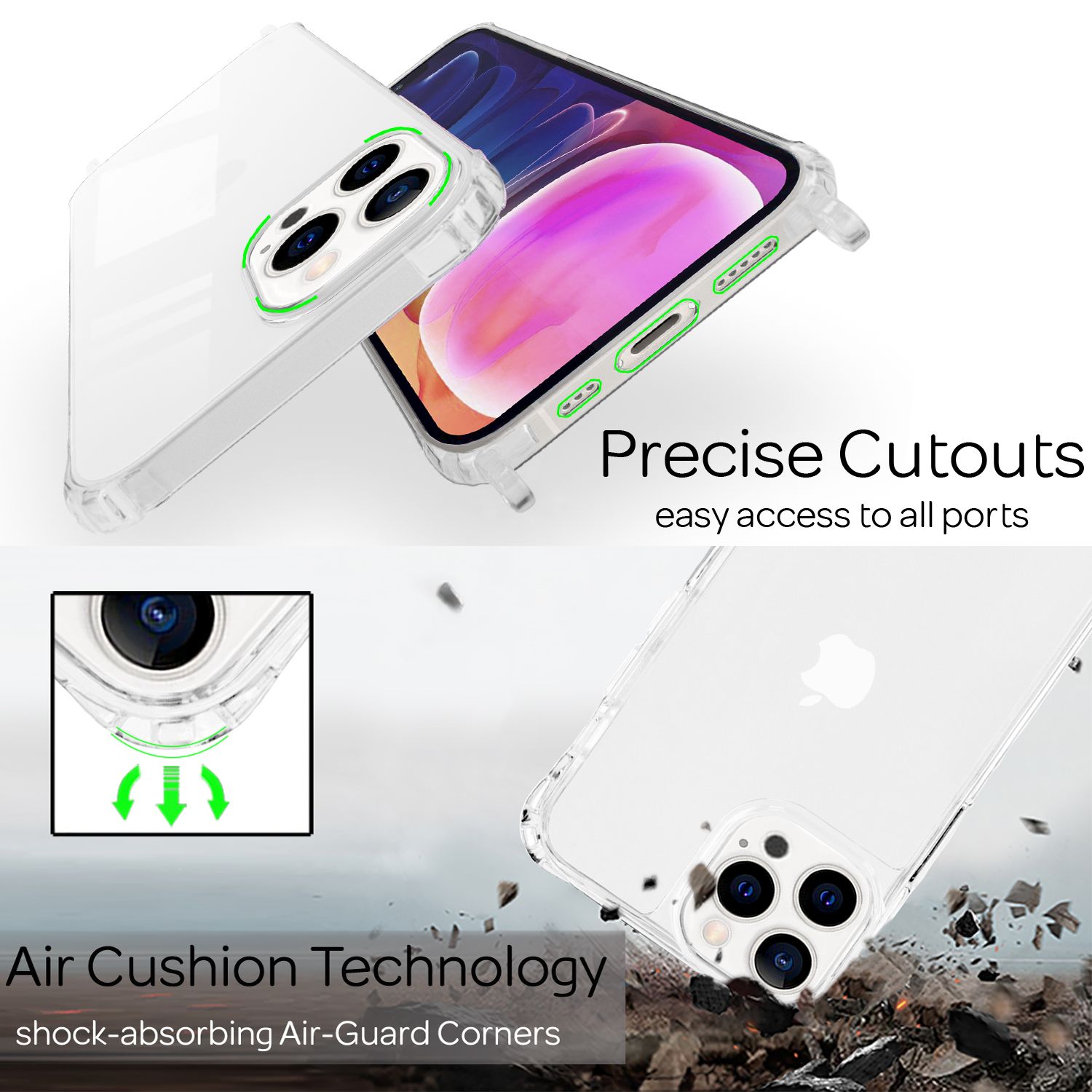 NALIA Klares Hybrid Case mit Kette für iPhone 13 Pro Max, Transparent Anti-Gelb Robust Verstärkte Ecken Hardcase & Silikon Rahmen, Stoßfeste Schutzhülle & Handy-Schnur Schwarz NALIA Transparente Hülle