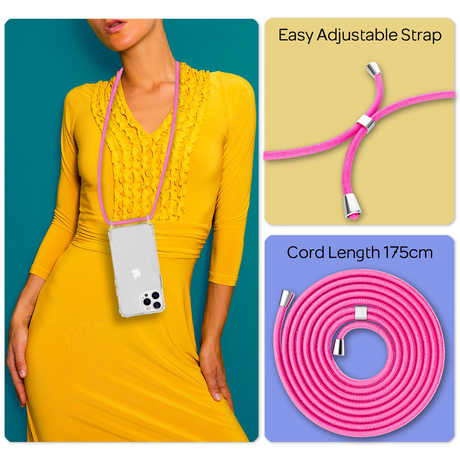 NALIA Klares Hybrid Case mit Kette für iPhone 13 Pro Max, Transparent Anti-Gelb Robust Verstärkte Ecken Hardcase & Silikon Rahmen, Stoßfeste Schutzhülle & Handy-Schnur Pink NALIA Transparente Hülle