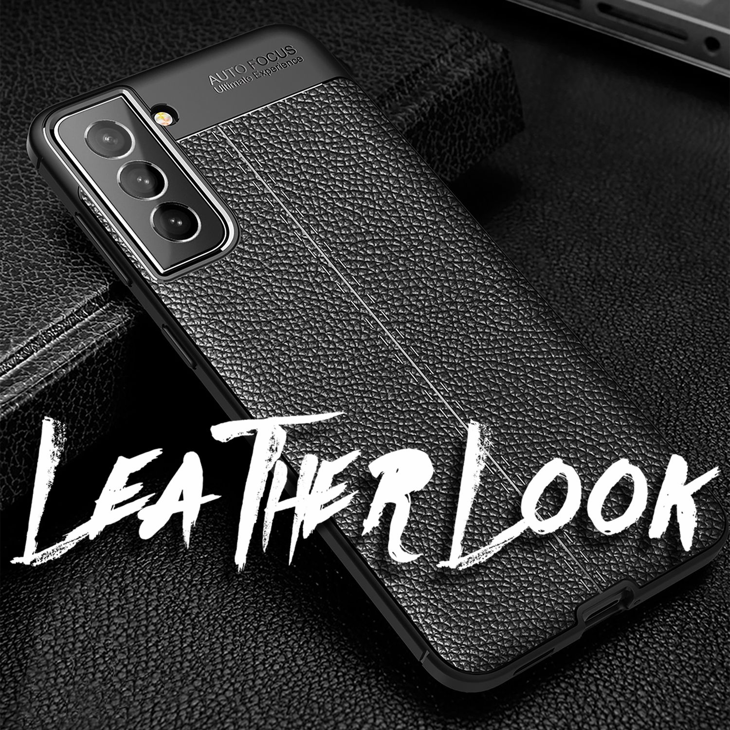 NALIA Leder Look Case für Samsung Galaxy S22, Schwarze Silikonhülle Anti-Fingerabdruck Rutschfest, Elegante Handyhülle