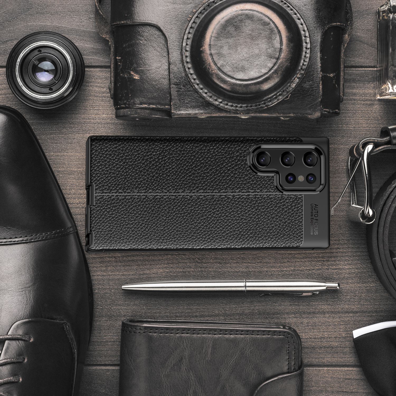 NALIA Leder Look Case für Samsung Galaxy S22 Ultra, Schwarze Silikonhülle Anti-Fingerabdruck Rutschfest Kratzfest Stoßfest, Handyhülle Schutzhülle