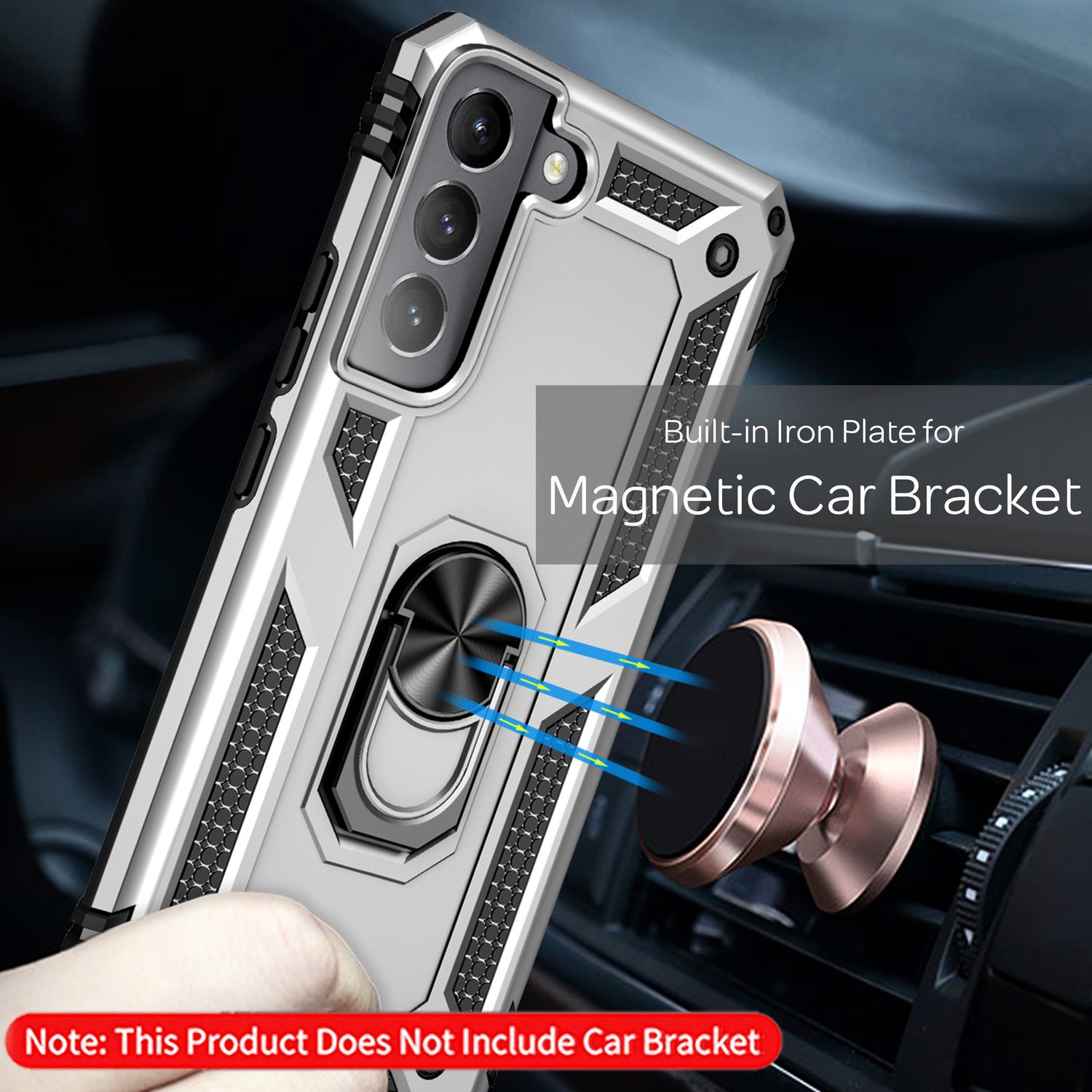 NALIA Military-Style Ringhülle für Samsung Galaxy S22, Extrem Schützend Stoßfest Robust, 360° Ring für Standfunktion Silber NALIA Protective Hülle