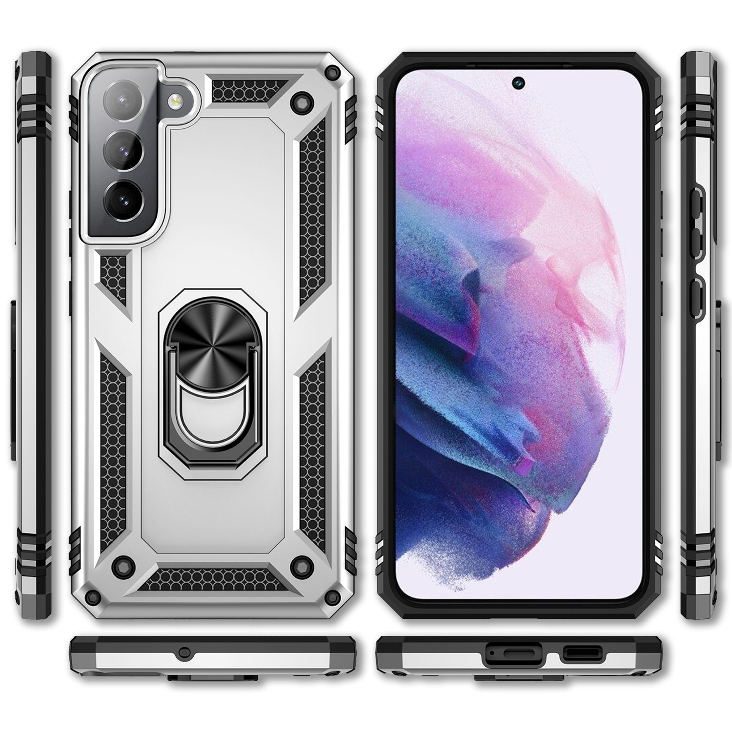 NALIA Military-Style Ringhülle für Samsung Galaxy S22, Extrem Schützend Stoßfest Robust, 360° Ring für Standfunktion Silber NALIA Protective Hülle