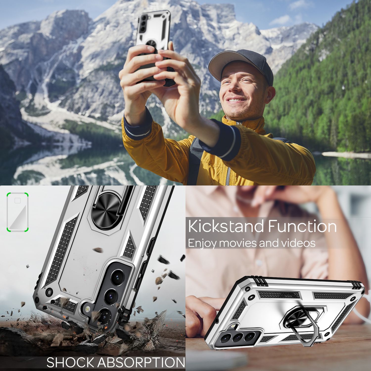 NALIA Military-Style Ringhülle für Samsung Galaxy S22 Plus, Extrem Schützend Stoßfest Robust, 360° Ring für Aufsteller Silber NALIA Protective Hülle