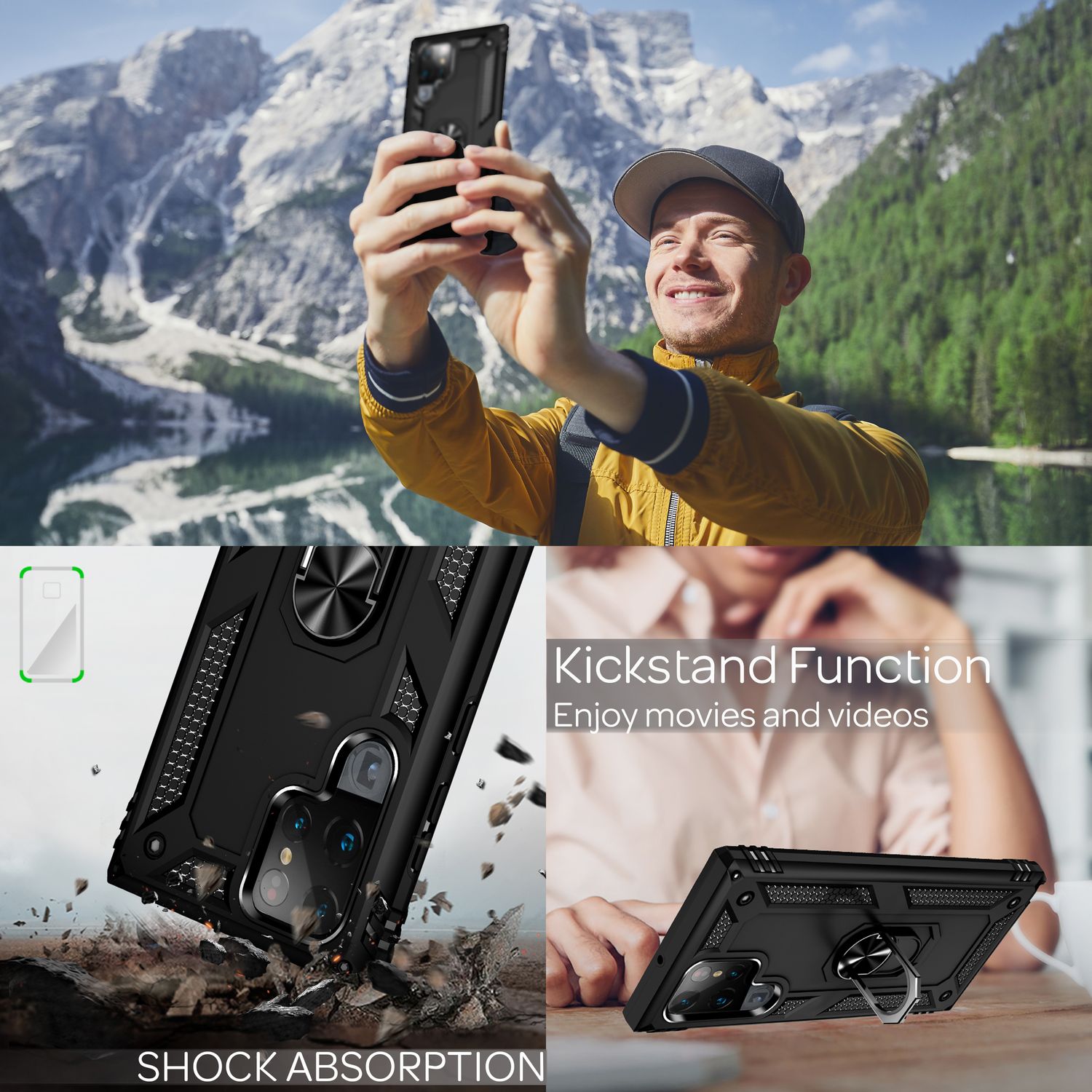 NALIA Military-Style Ringhülle für Samsung Galaxy S22 Ultra, Extrem Schützend Stoßfest, 360° Ring für Aufsteller Schwarz NALIA Protective Hülle