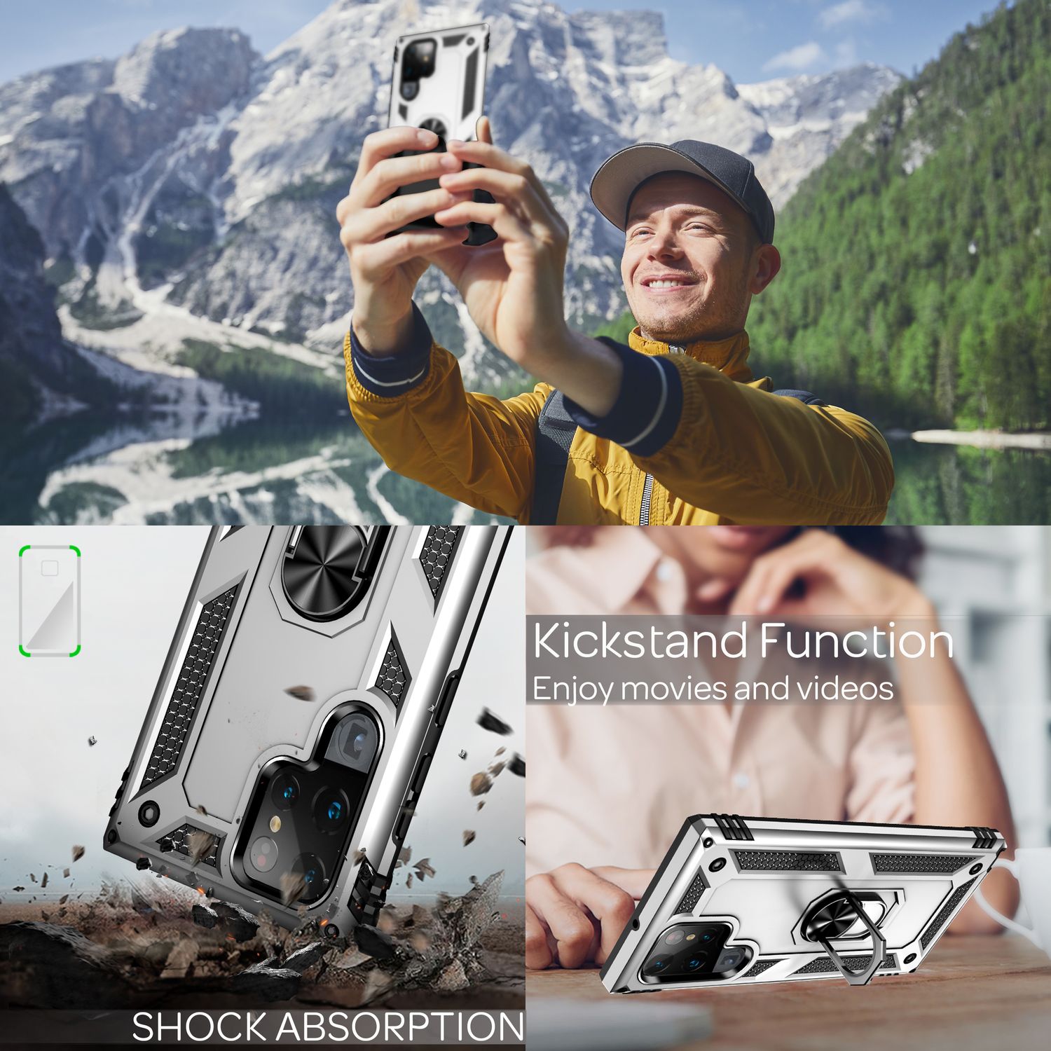 NALIA Military-Style Ringhülle für Samsung Galaxy S22 Ultra, Extrem Schützend Stoßfest, 360° Ring für Aufsteller Silber NALIA Protective Hülle