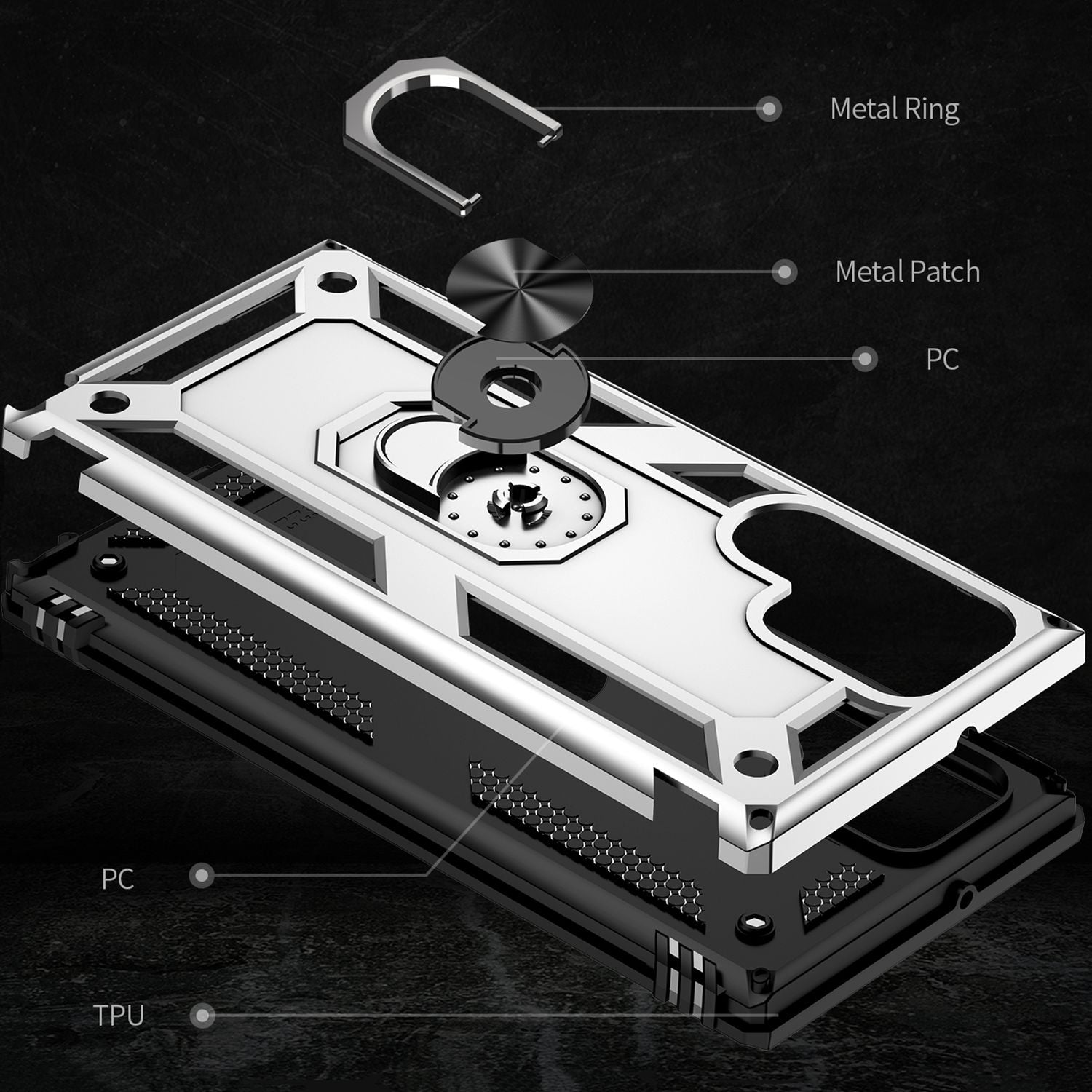 NALIA Military-Style Ringhülle für Samsung Galaxy S22 Ultra, Extrem Schützend Stoßfest, 360° Ring für Aufsteller Silber NALIA Protective Hülle