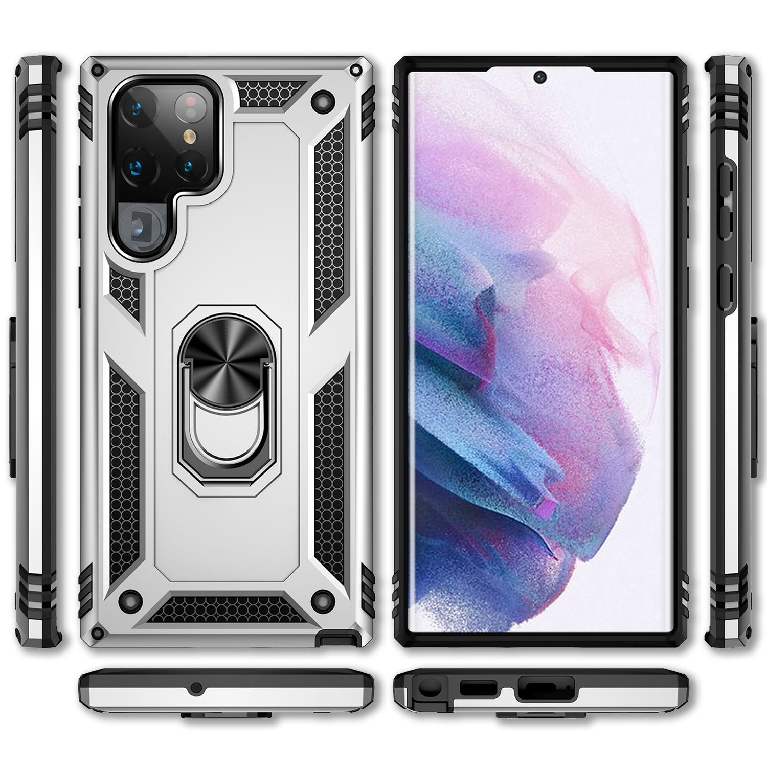 NALIA Military-Style Ringhülle für Samsung Galaxy S22 Ultra, Extrem Schützend Stoßfest, 360° Ring für Aufsteller Silber NALIA Protective Hülle