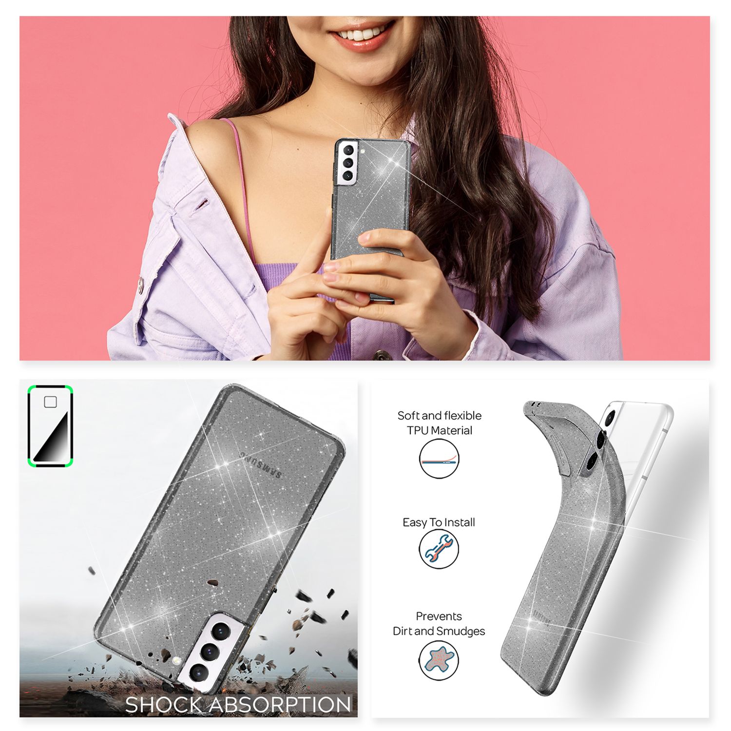 NALIA Klare Glitzerhülle für Samsung Galaxy S22, Durchsichtig Vergilbungsfrei Schwarz NALIA Transparente Hülle