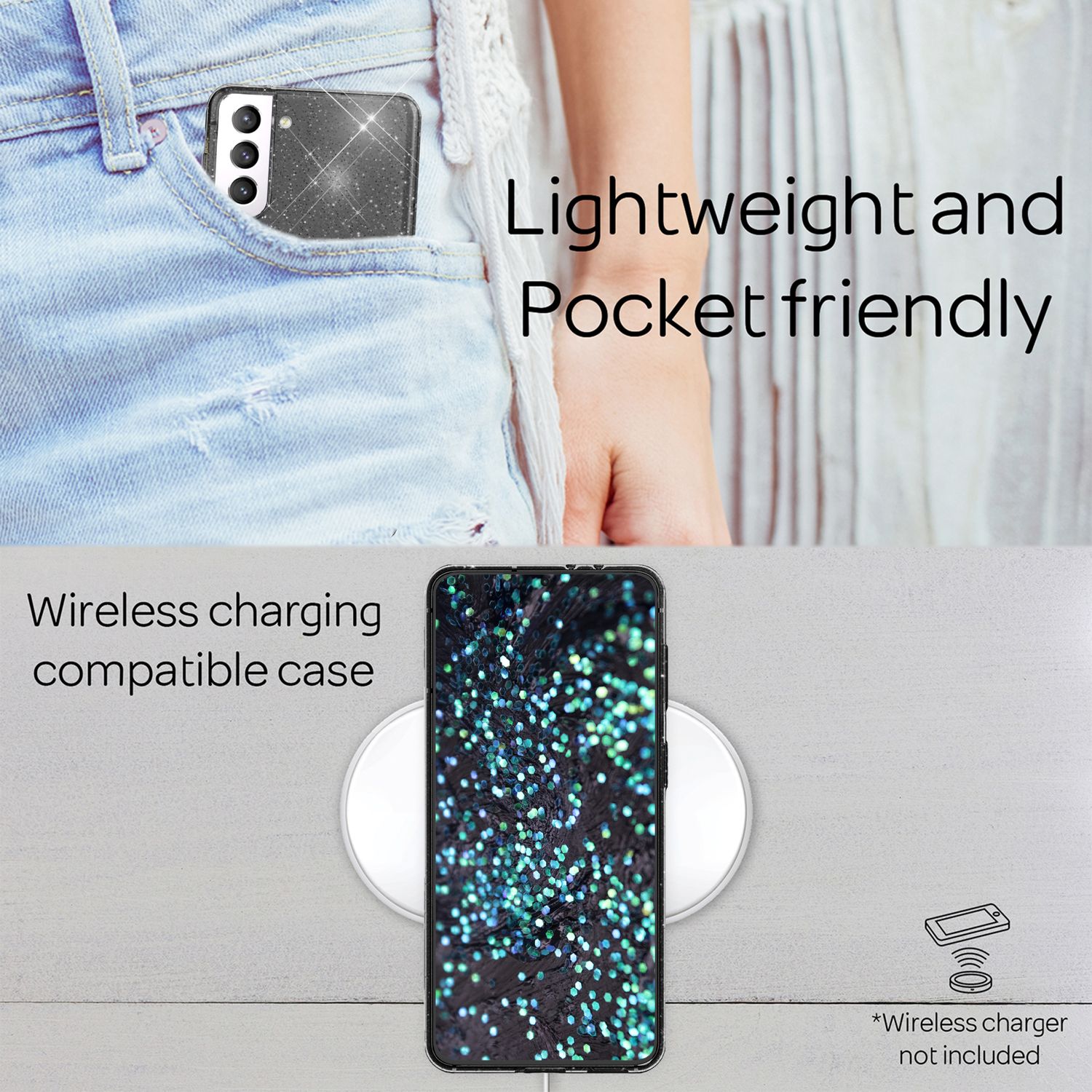 NALIA Klare Glitzerhülle für Samsung Galaxy S22, Durchsichtig Vergilbungsfrei Schwarz NALIA Transparente Hülle