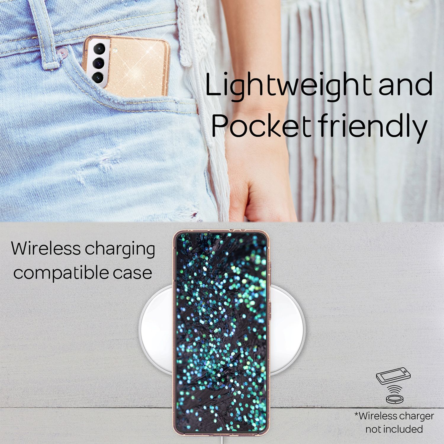 NALIA Klare Glitzerhülle für Samsung Galaxy S22 Plus, Durchsichtig Gold NALIA Transparente Hülle