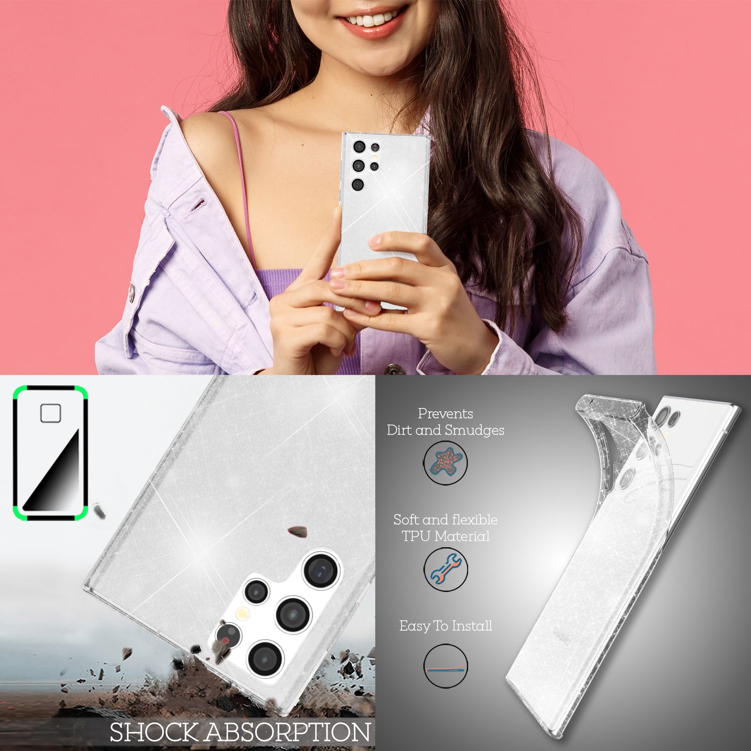 NALIA Klare Glitzerhülle für Samsung Galaxy S22 Ultra, Durchsichtig Transparent NALIA Transparente Hülle