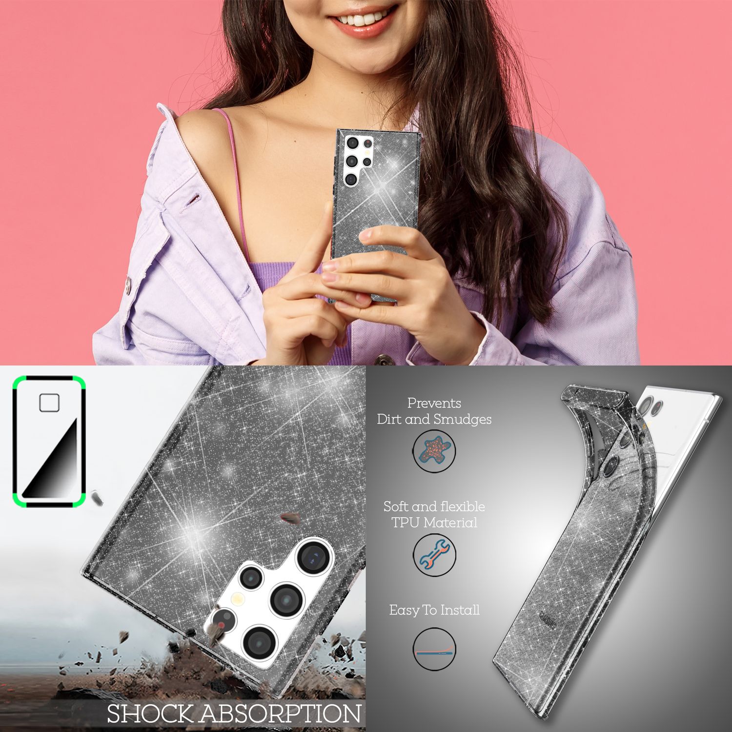 NALIA Klare Glitzerhülle für Samsung Galaxy S22 Ultra, Durchsichtig Schwarz NALIA Transparente Hülle