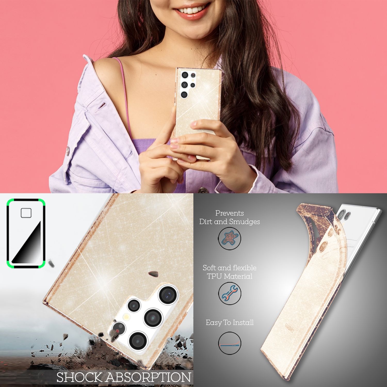 NALIA Klare Glitzerhülle für Samsung Galaxy S22 Ultra, Durchsichtig Gold NALIA Transparente Hülle