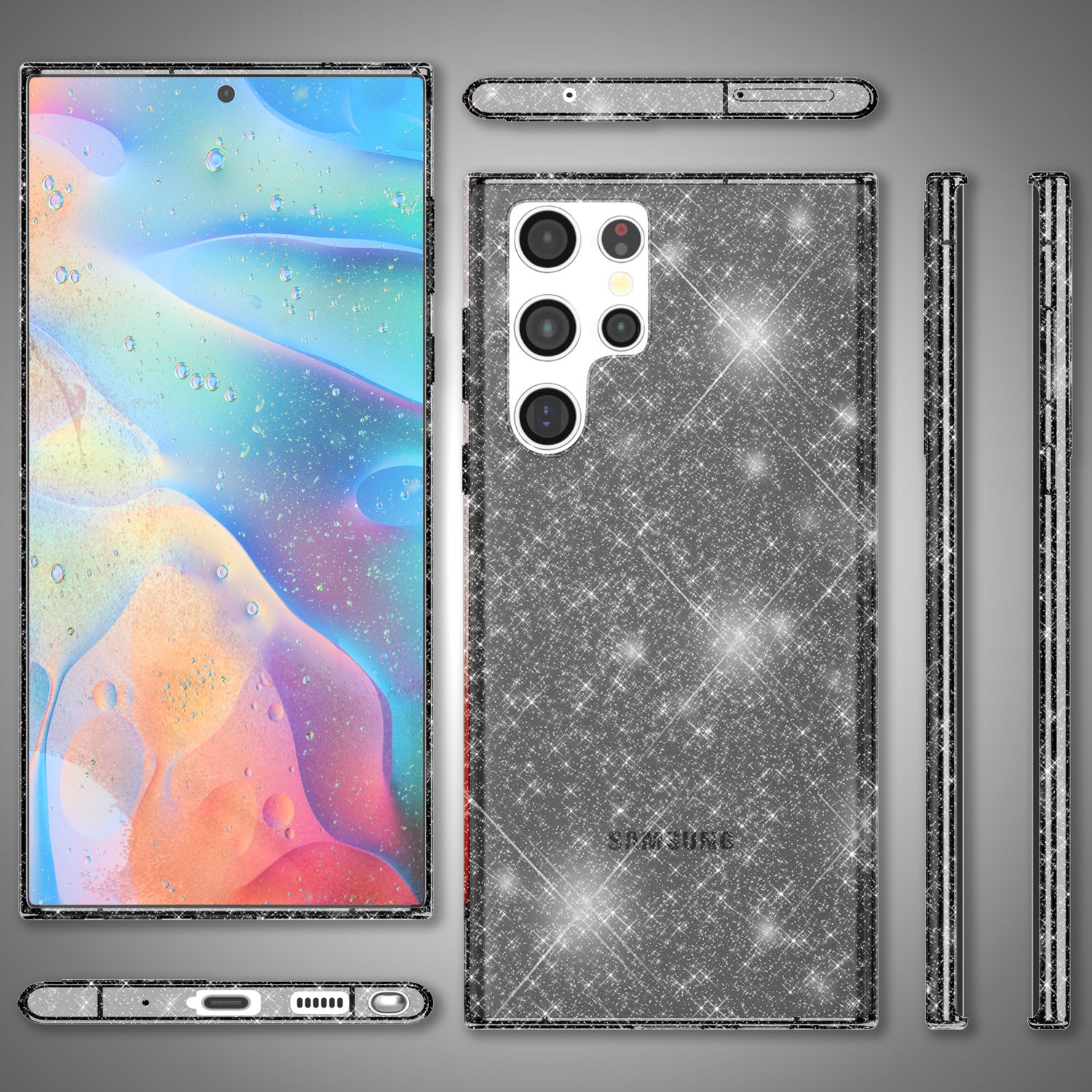 NALIA Klare Glitzerhülle für Samsung Galaxy S22 Ultra, Durchsichtig Schwarz NALIA Transparente Hülle