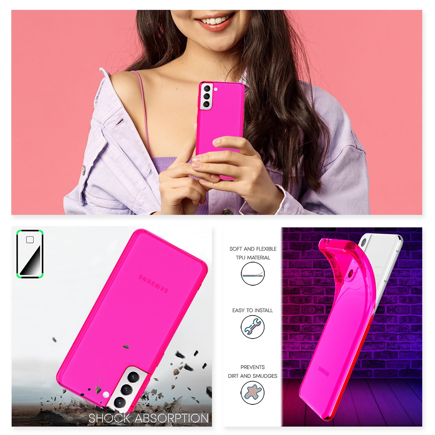 NALIA Klare Neon Handyhülle für Samsung Galaxy S22, Durchsichtig Bunt Leuchtend Vergilbungsfrei, Dünne Robuste Schutzhülle Cover Case Pink NALIA Transparente Hülle