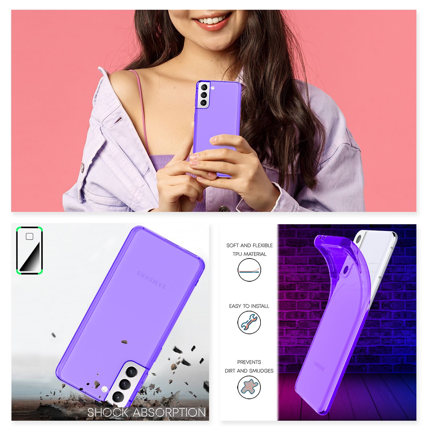 NALIA Klare Neon Handyhülle für Samsung Galaxy S22, Durchsichtig Bunt Leuchtend Vergilbungsfrei, Dünne Robuste Schutzhülle Cover Case Lila NALIA Transparente Hülle