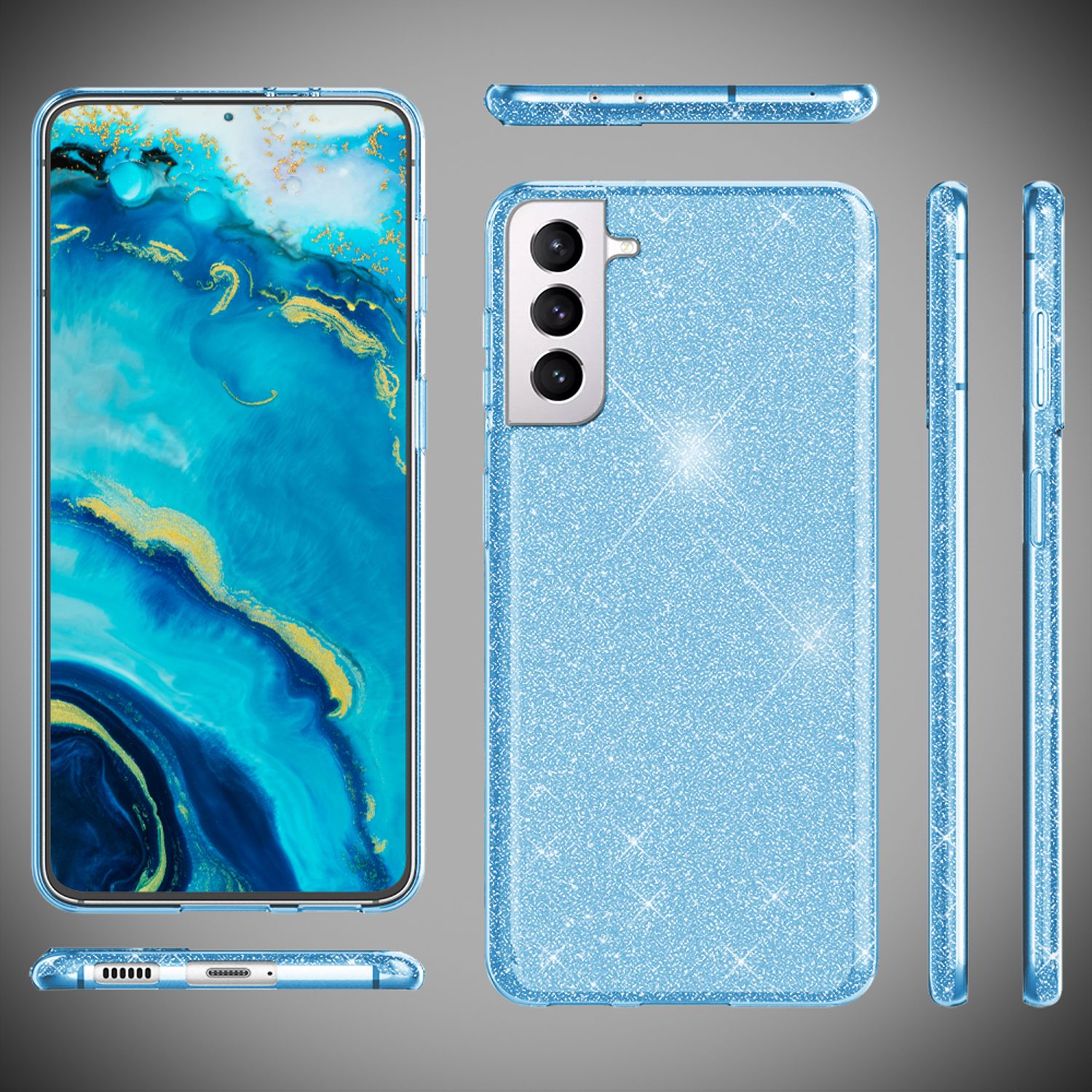 NALIA Robuste Glitzerhülle für Samsung Galaxy S22, Glänzende Glitzer Hybrid Schutzhülle Verstärkte Silikon Handyhülle Blau NALIA Protective Hülle