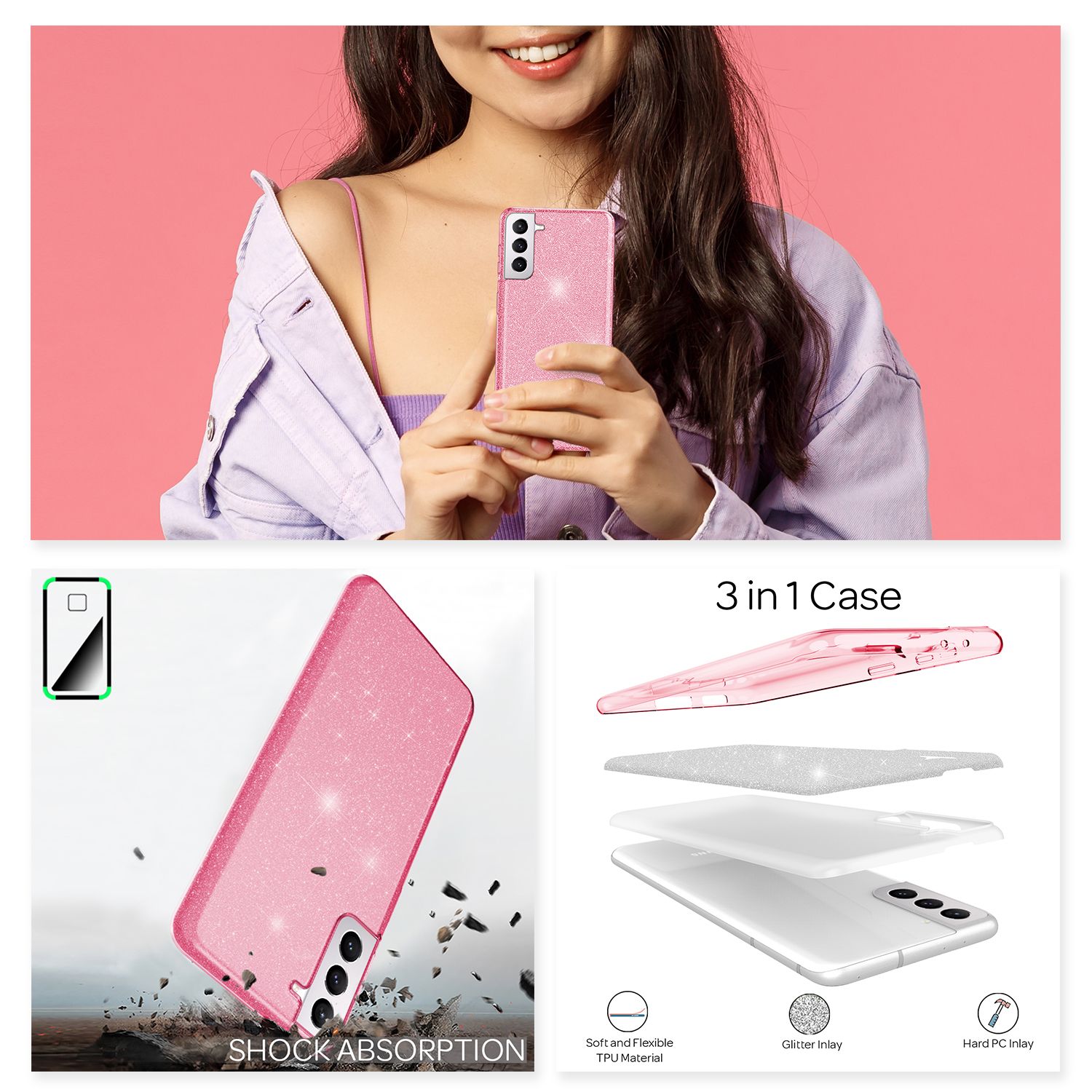 NALIA Robuste Glitzerhülle für Samsung Galaxy S22 Plus, Glänzende Glitzer Hybrid Schutzhülle Verstärkte Silikonhülle Pink NALIA Protective Hülle