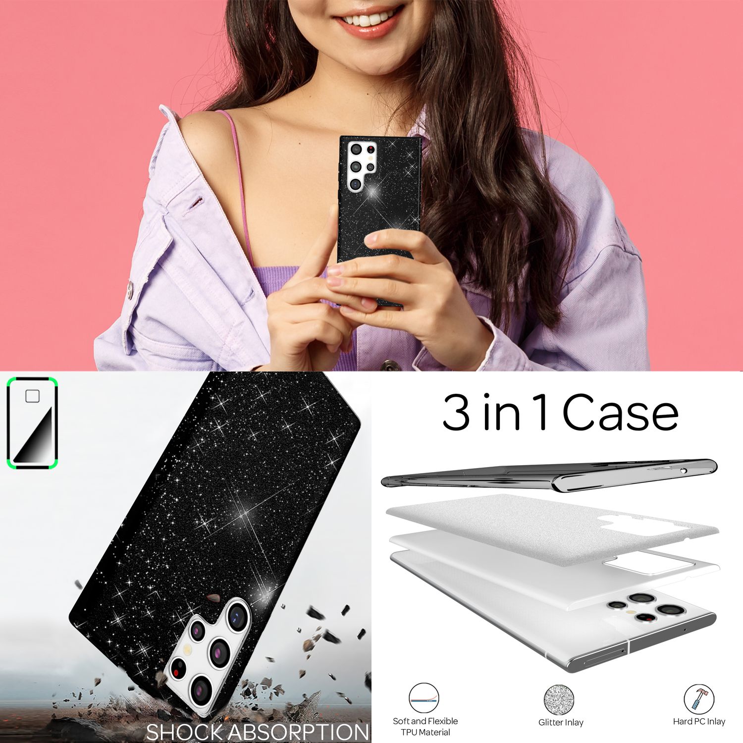 NALIA Robuste Glitzerhülle für Samsung Galaxy S22 Ultra, Glänzende Glitzer Hybrid Schutzhülle Verstärkte Silikonhülle