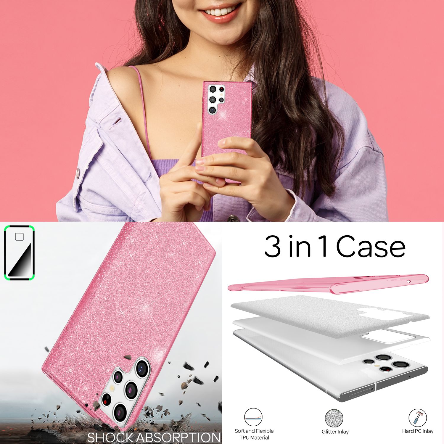 NALIA Robuste Glitzerhülle für Samsung Galaxy S22 Ultra, Glänzende Glitzer Hybrid Schutzhülle Verstärkte Silikonhülle