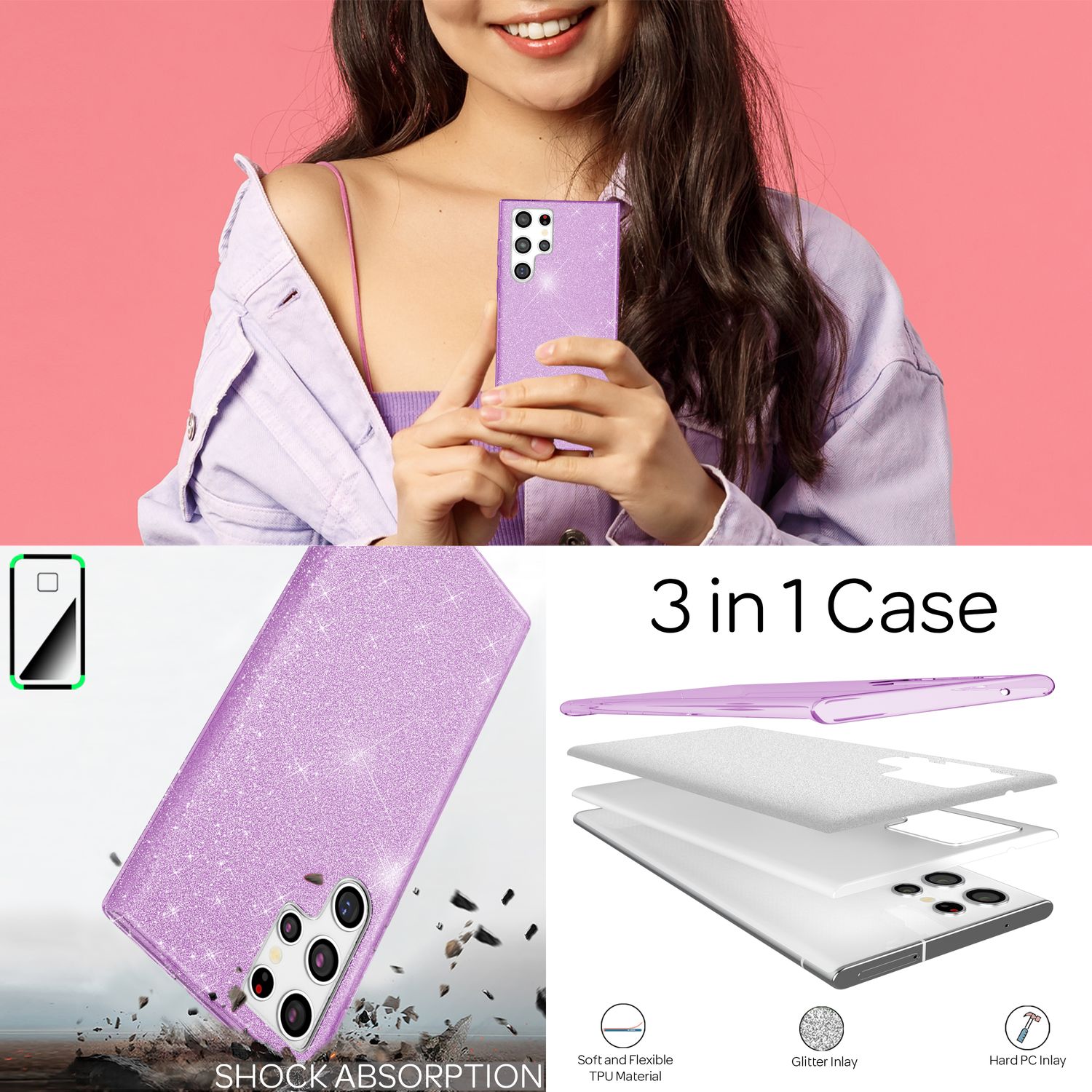 NALIA Robuste Glitzerhülle für Samsung Galaxy S22 Ultra, Glänzende Glitzer Hybrid Schutzhülle Verstärkte Silikonhülle