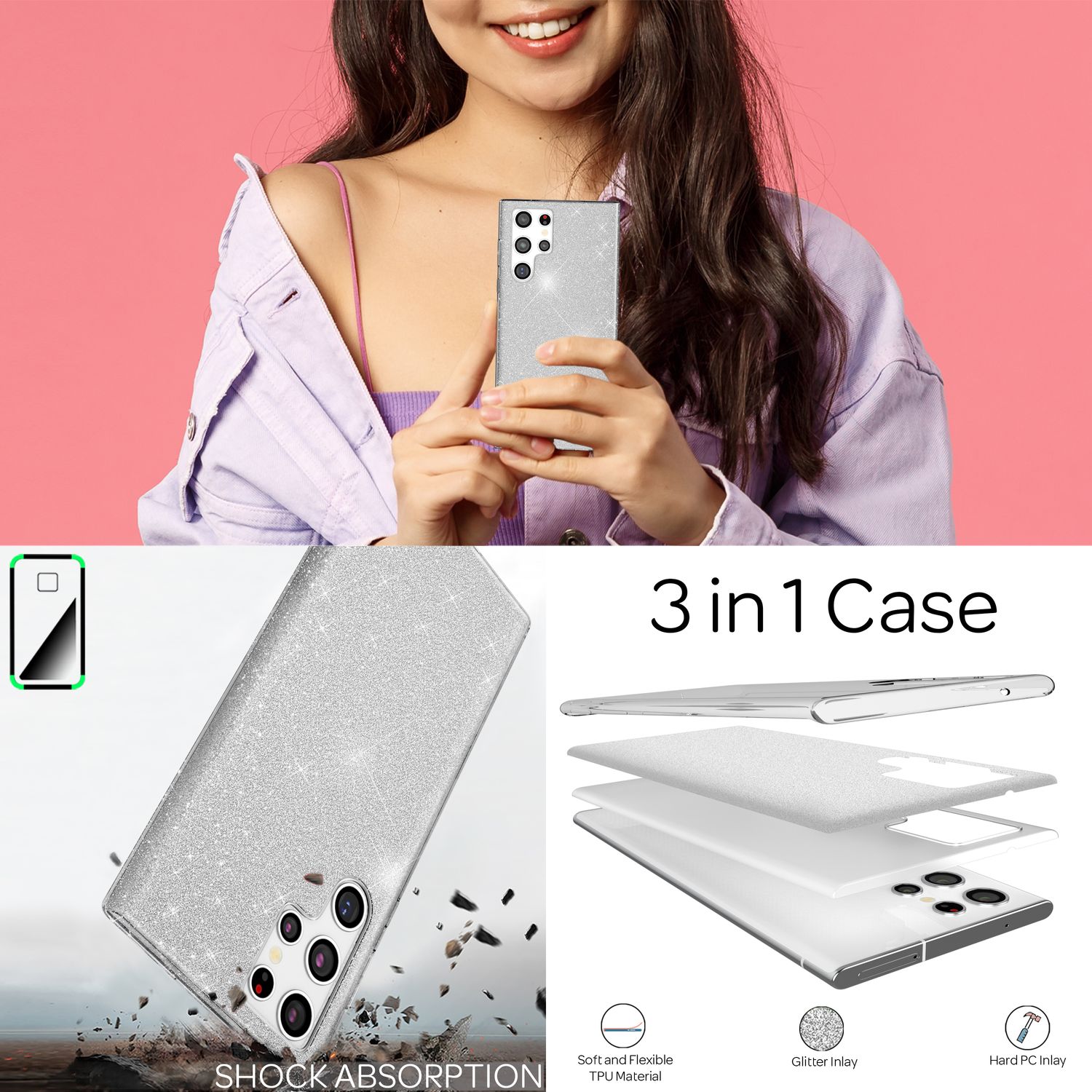 NALIA Robuste Glitzerhülle für Samsung Galaxy S22 Ultra, Glänzende Glitzer Hybrid Schutzhülle Verstärkte Silikonhülle