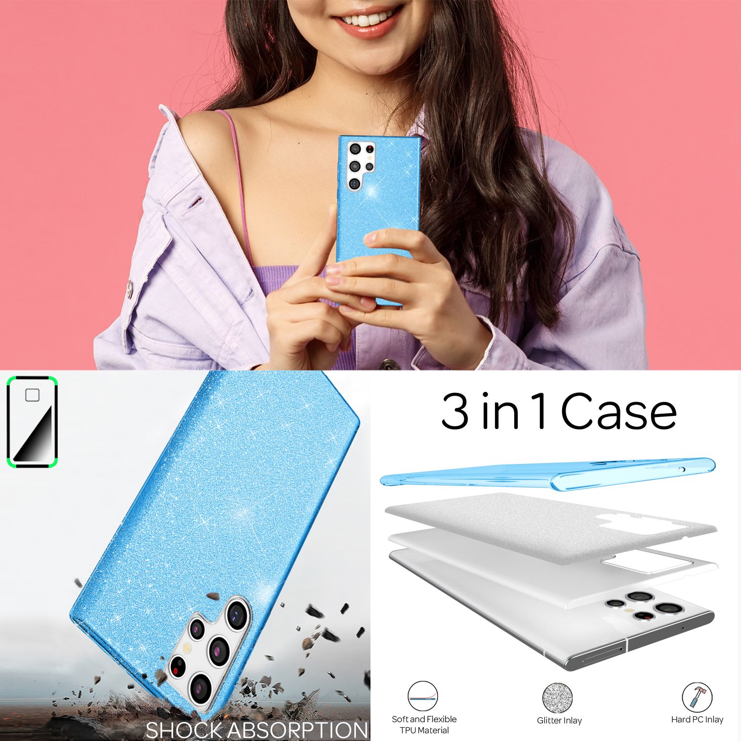 NALIA Robuste Glitzerhülle für Samsung Galaxy S22 Ultra, Glänzende Glitzer Hybrid Schutzhülle Verstärkte Silikonhülle