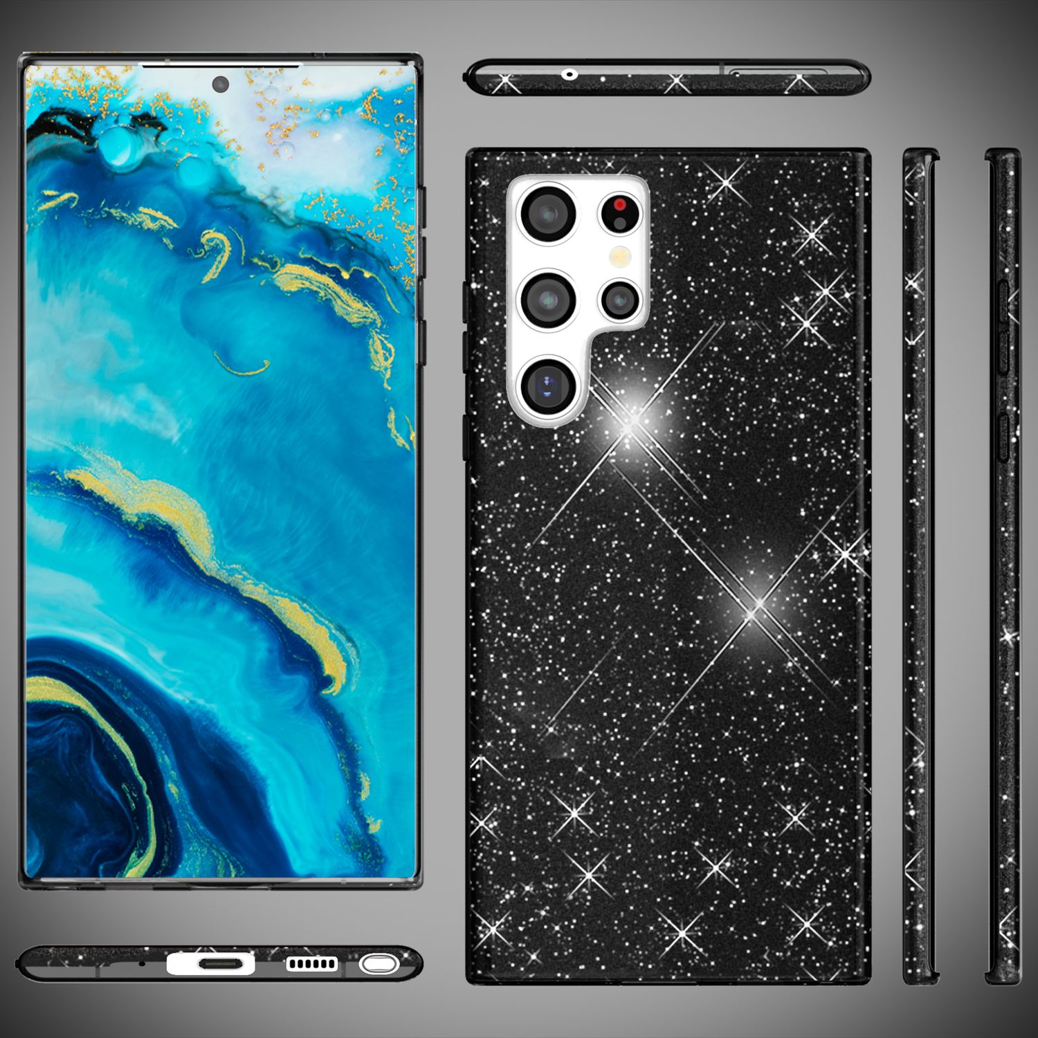 NALIA Robuste Glitzerhülle für Samsung Galaxy S22 Ultra, Glänzende Glitzer Hybrid Schutzhülle Verstärkte Silikonhülle