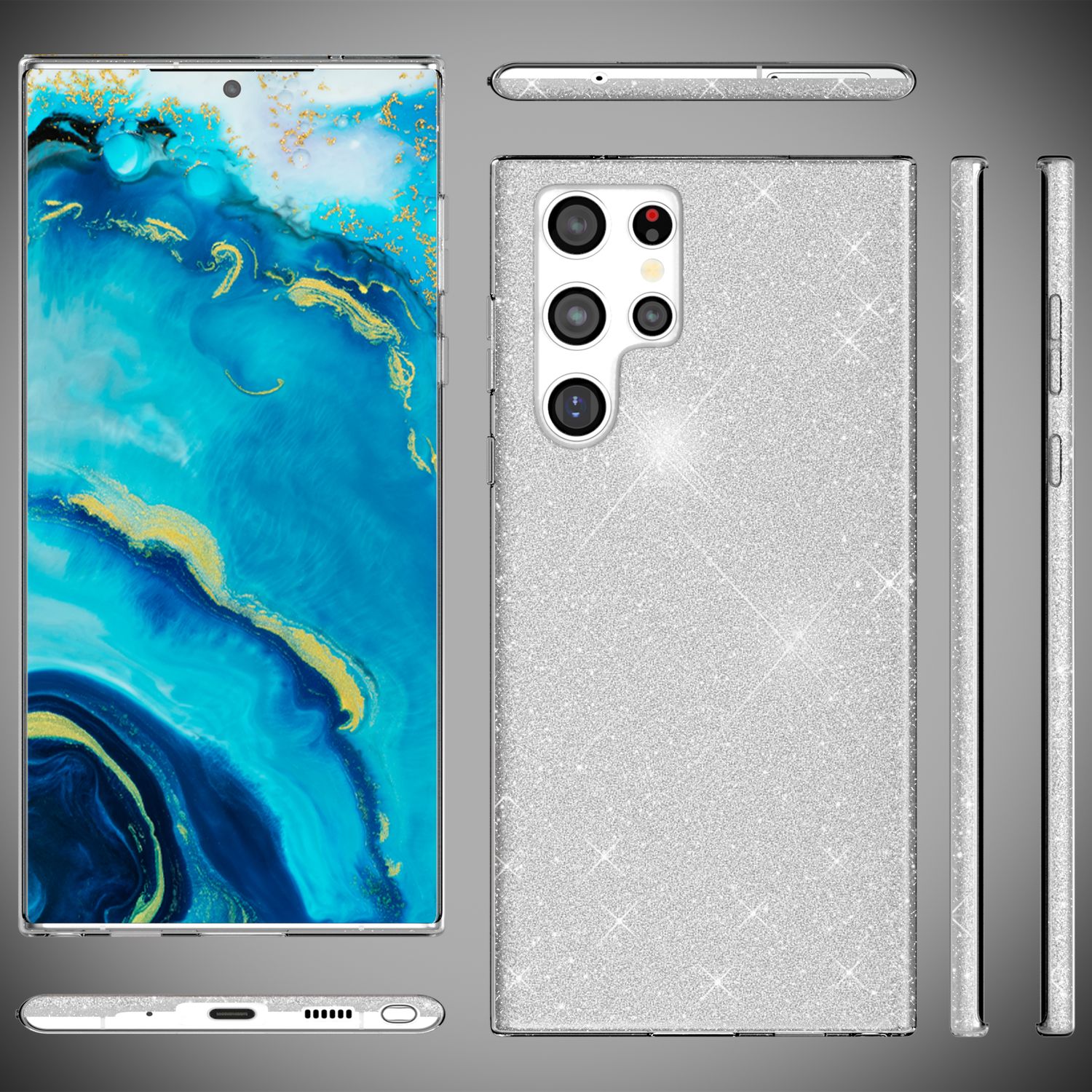 NALIA Robuste Glitzerhülle für Samsung Galaxy S22 Ultra, Glänzende Glitzer Hybrid Schutzhülle Verstärkte Silikonhülle