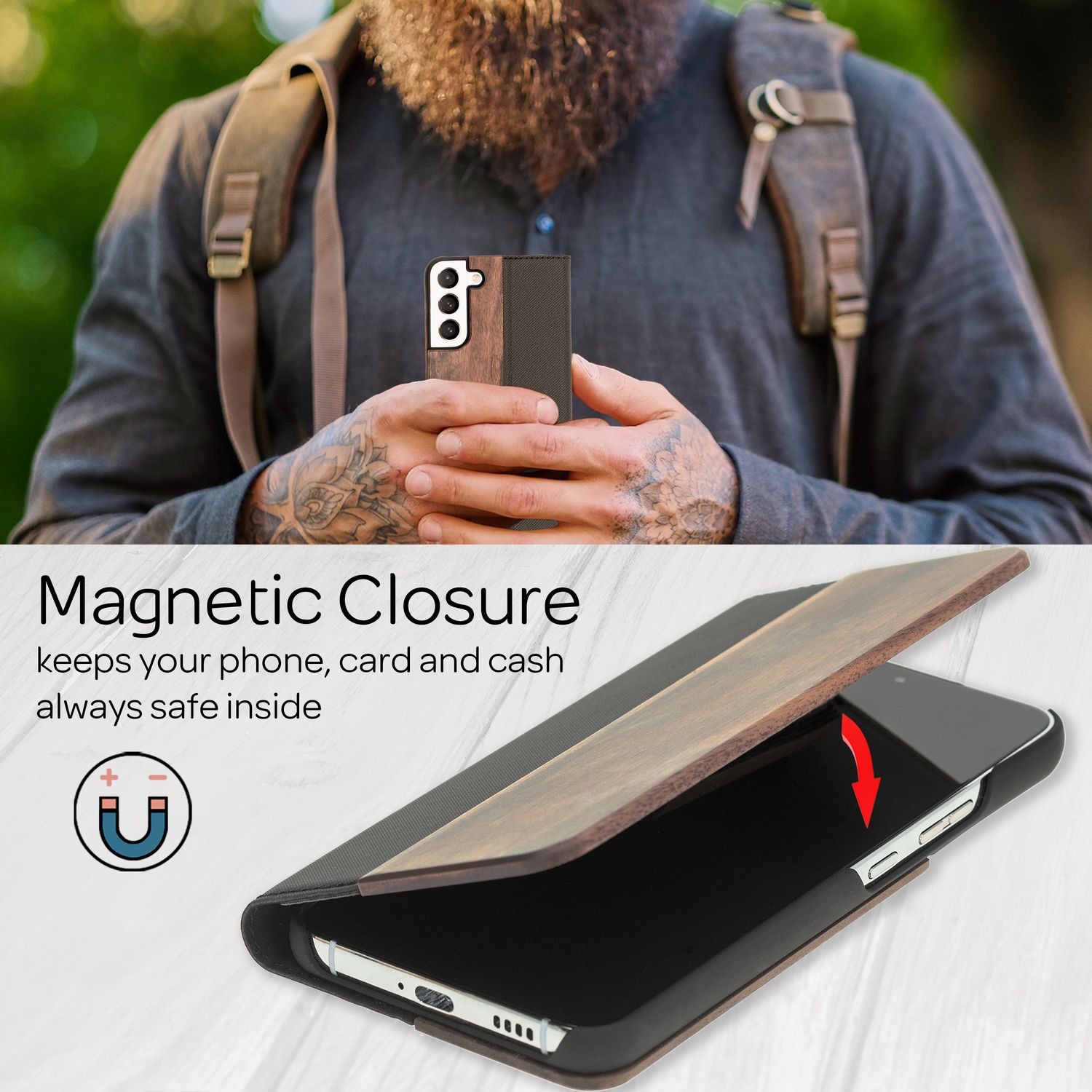 NALIA Echt-Holz Flipcase für Samsung Galaxy S22, FSC zert. Natur Holzhülle mit Standfunktion & Kartenfach, Premium Wood Case Wallet Rundum-Schutz Hülle Handyhülle Klapphülle Etui - Walnuss