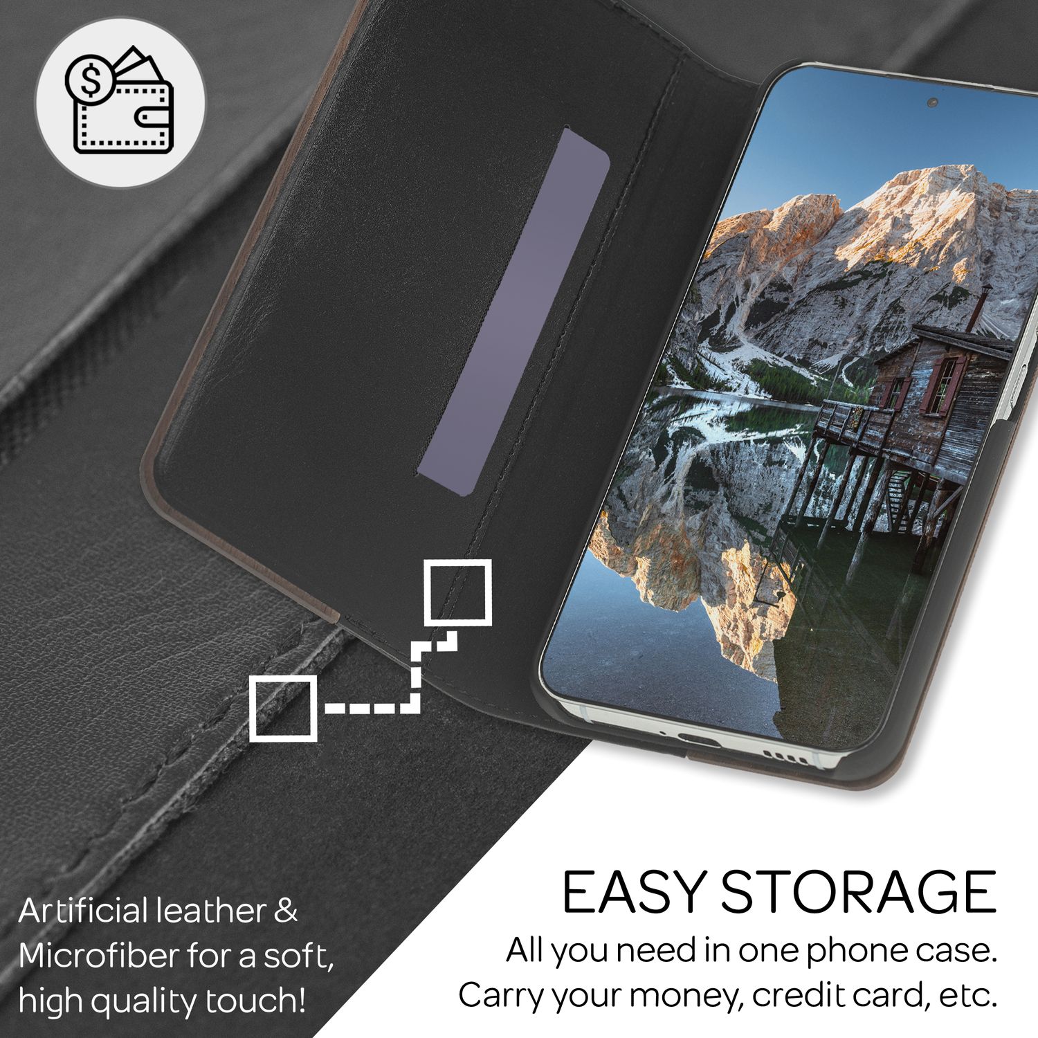 NALIA Echt-Holz Flipcase für Samsung Galaxy S22 Plus, Natur Holzhülle mit Standfunktion & Kartenfach - Walnuss