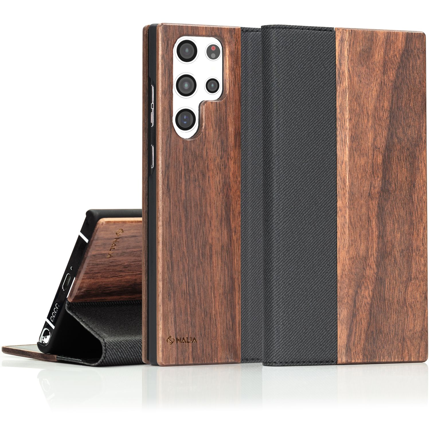 NALIA Echt-Holz Flipcase für Samsung Galaxy S22 Ultra, FSC zert. Natur Holzhülle mit Standfunktion & Kartenfach, Premium Wood Case Wallet Rundum-Schutz Hülle Handyhülle Klapphülle Etui - Walnuss