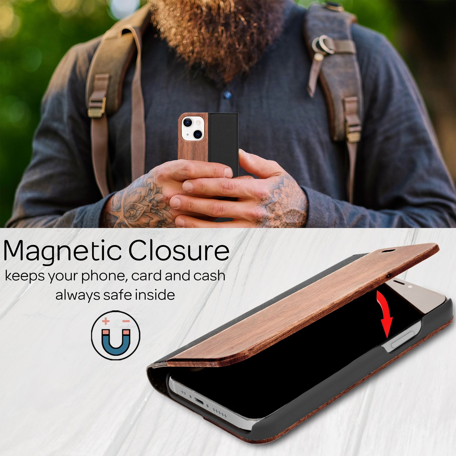 Echt-Holz Flipcase für iPhone 13 Mini, Natur Holzhülle mit Standfunktion & Kartenfach, Rundumschutz Hülle Etui - Walnuss