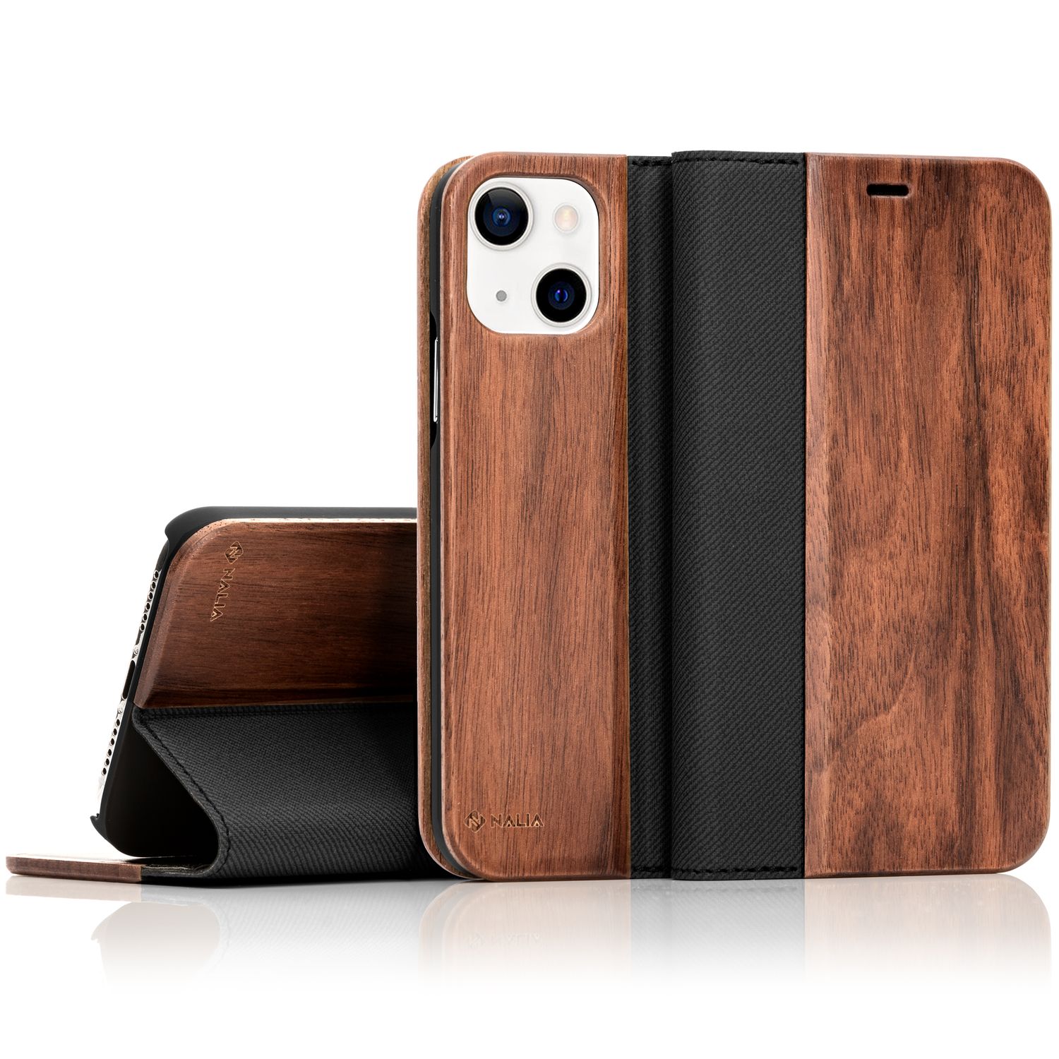 NALIA Echt-Holz Flipcase für iPhone 13, Natur Holzhülle mit Standfunktion & Kartenfach, Rundum Handyhülle - Walnuss