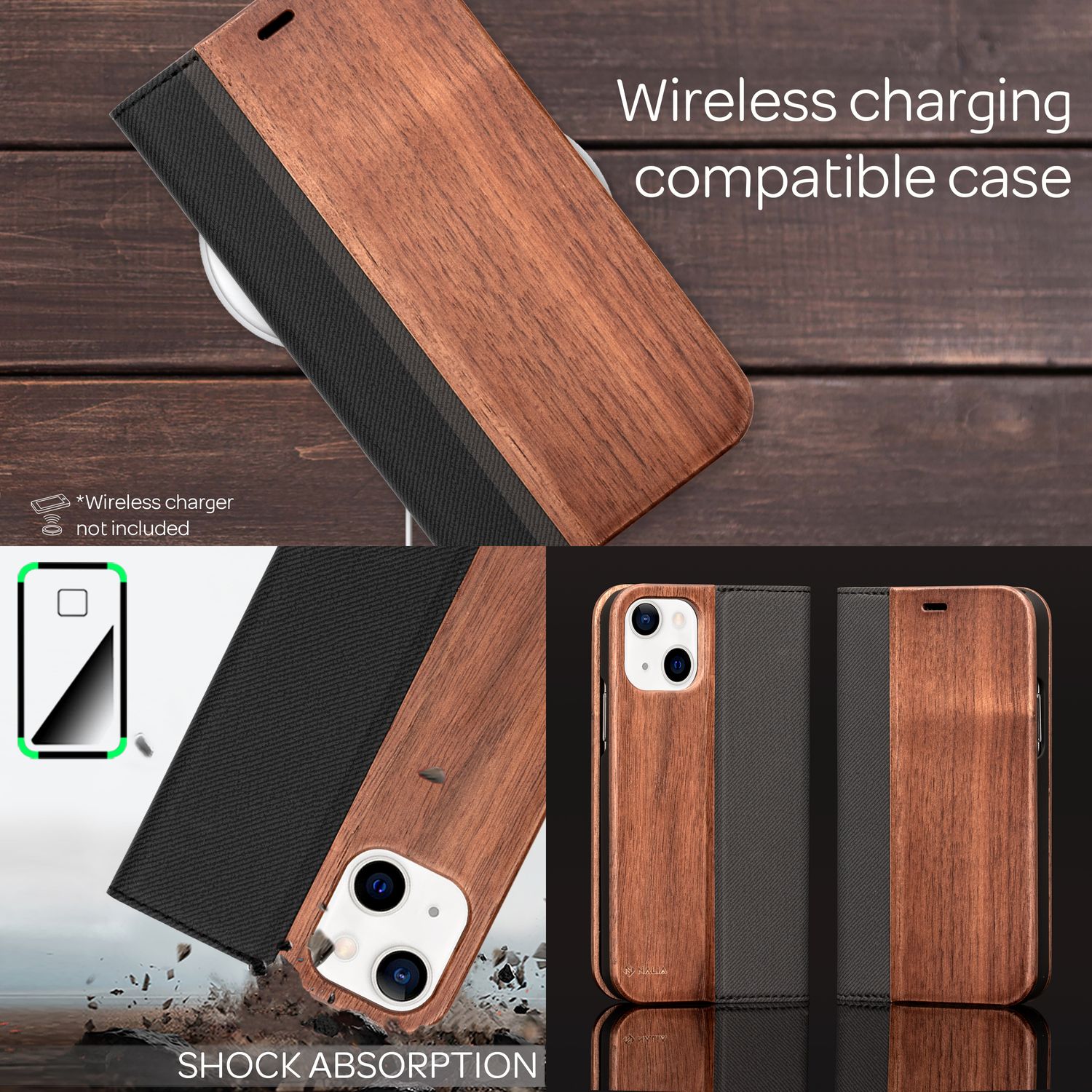 NALIA Echt-Holz Flipcase für iPhone 13, Natur Holzhülle mit Standfunktion & Kartenfach, Rundum Handyhülle - Walnuss