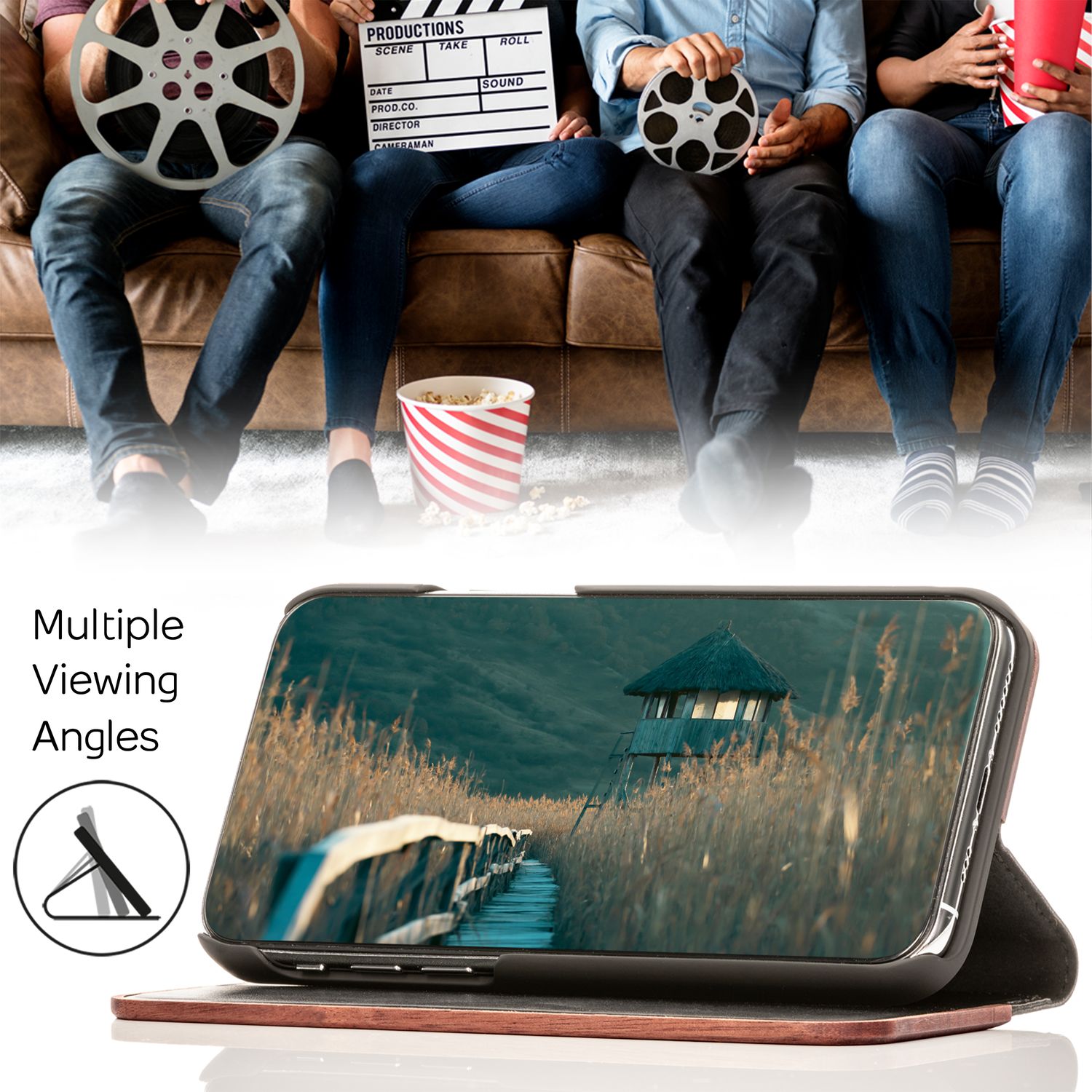 Echt-Holz Flipcase für iPhone 13 Pro, Natur Holzhülle mit Standfunktion & Kartenfach, Rundum-Schutz Handyhülle - Walnuss