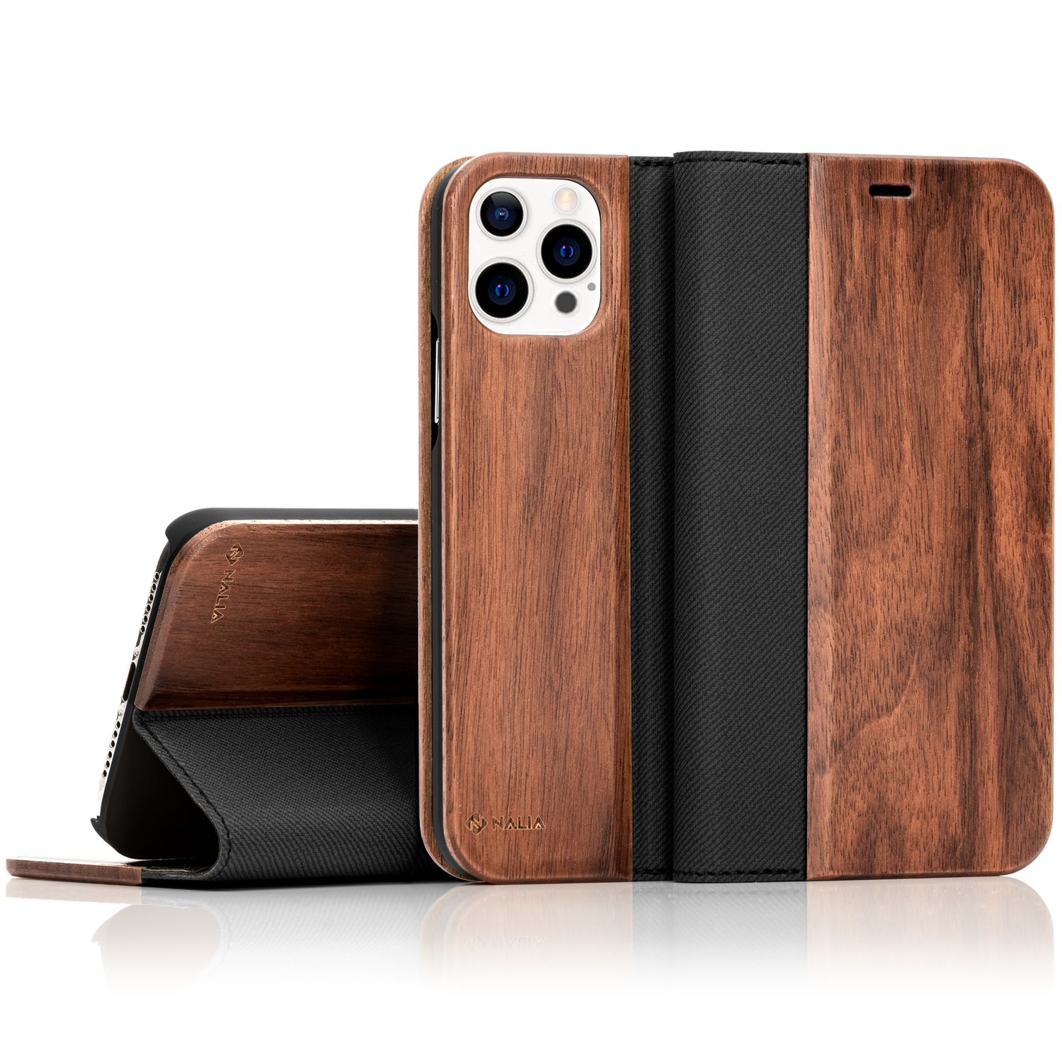 NALIA Echt-Holz Flipcase für iPhone 13 Pro Max, Natur Holzhülle mit Standfunktion & Kartenfach, Wood Case - Walnuss