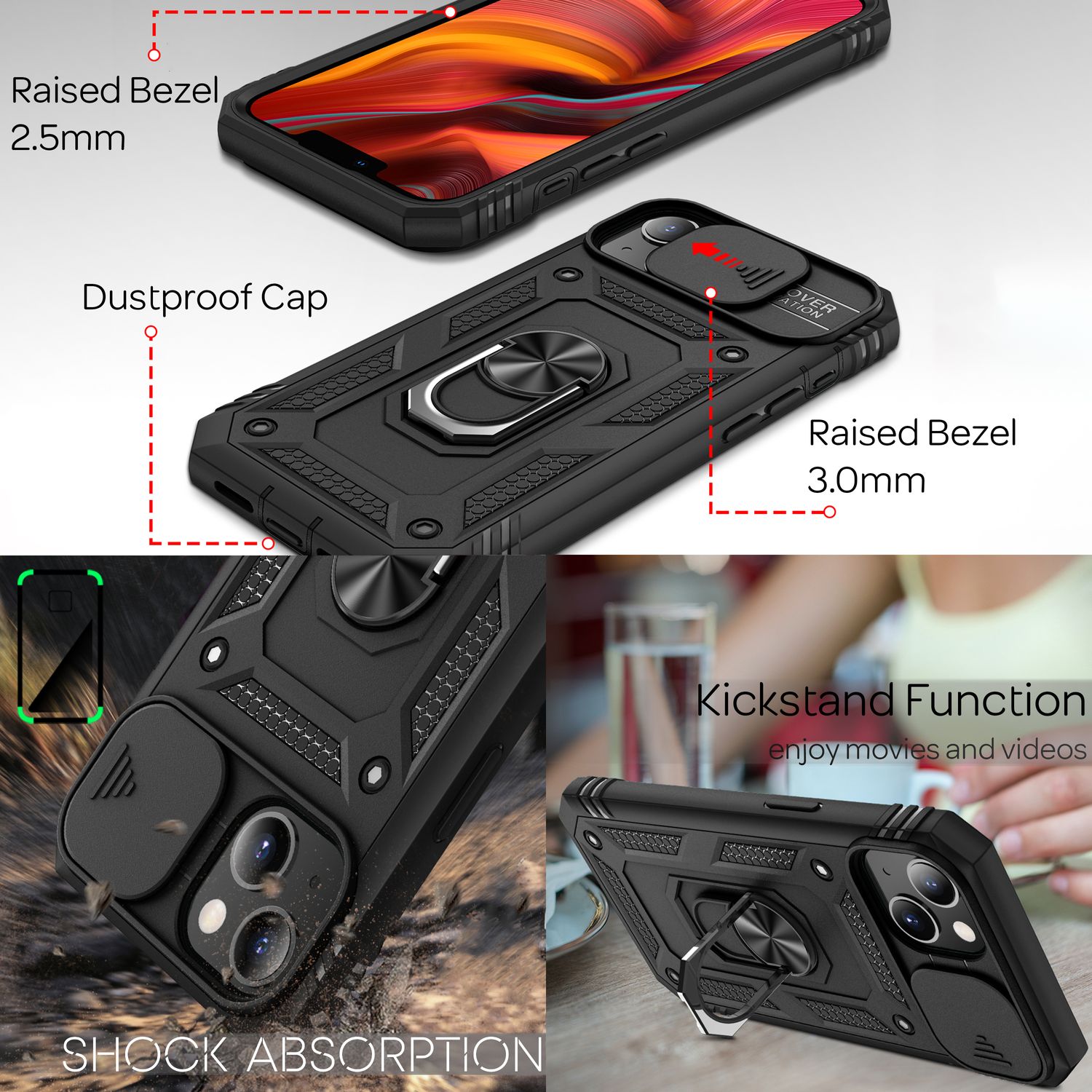 NALIA Military-Style Ringhülle für iPhone 13 Mini, Extrem Schützend mit Display-Rahmen & Kamera-Abdeckung, 360° Ring für Standfunktion & KFZ-Halterung Schwarz NALIA Outdoor Hülle